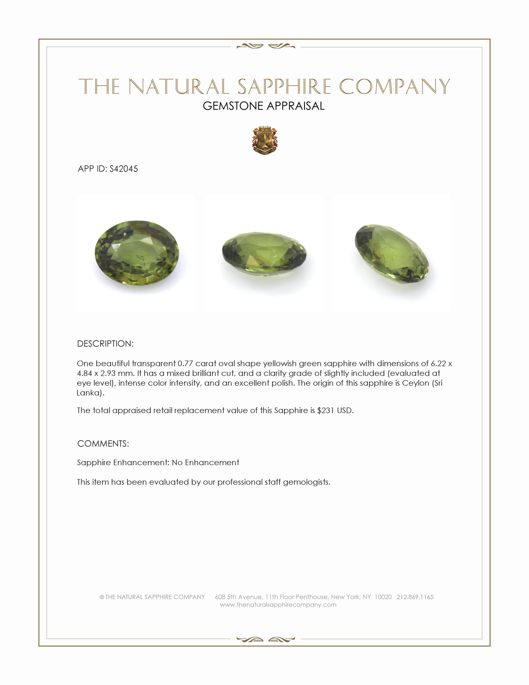 0.77 Ct. Yellowish Green Sapphire from Ceylon (Sri Lanka)