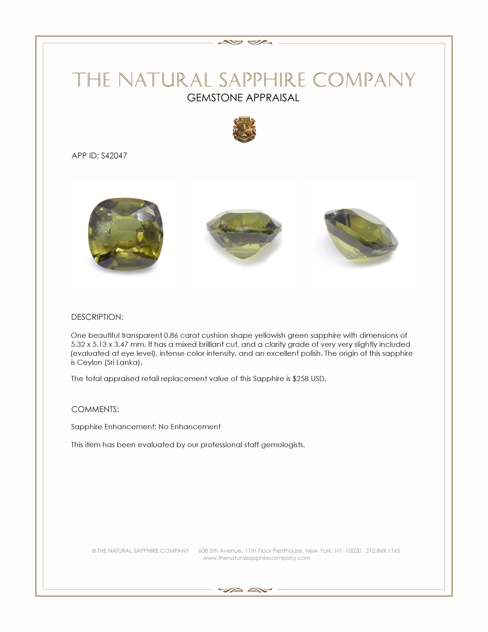 0.86 Ct. Yellowish Green Sapphire from Ceylon (Sri Lanka)