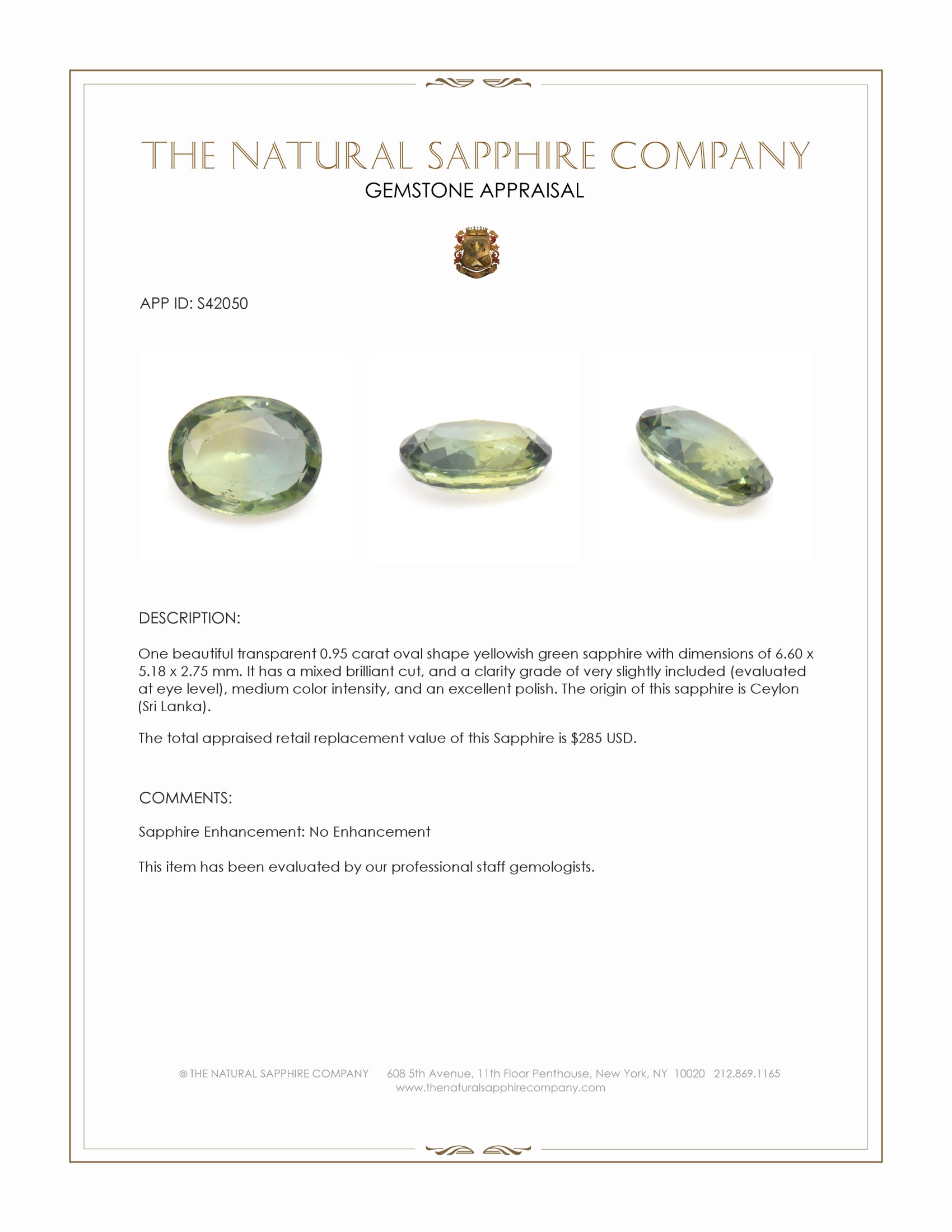 0.95 Ct. Yellowish Green Sapphire from Ceylon (Sri Lanka)