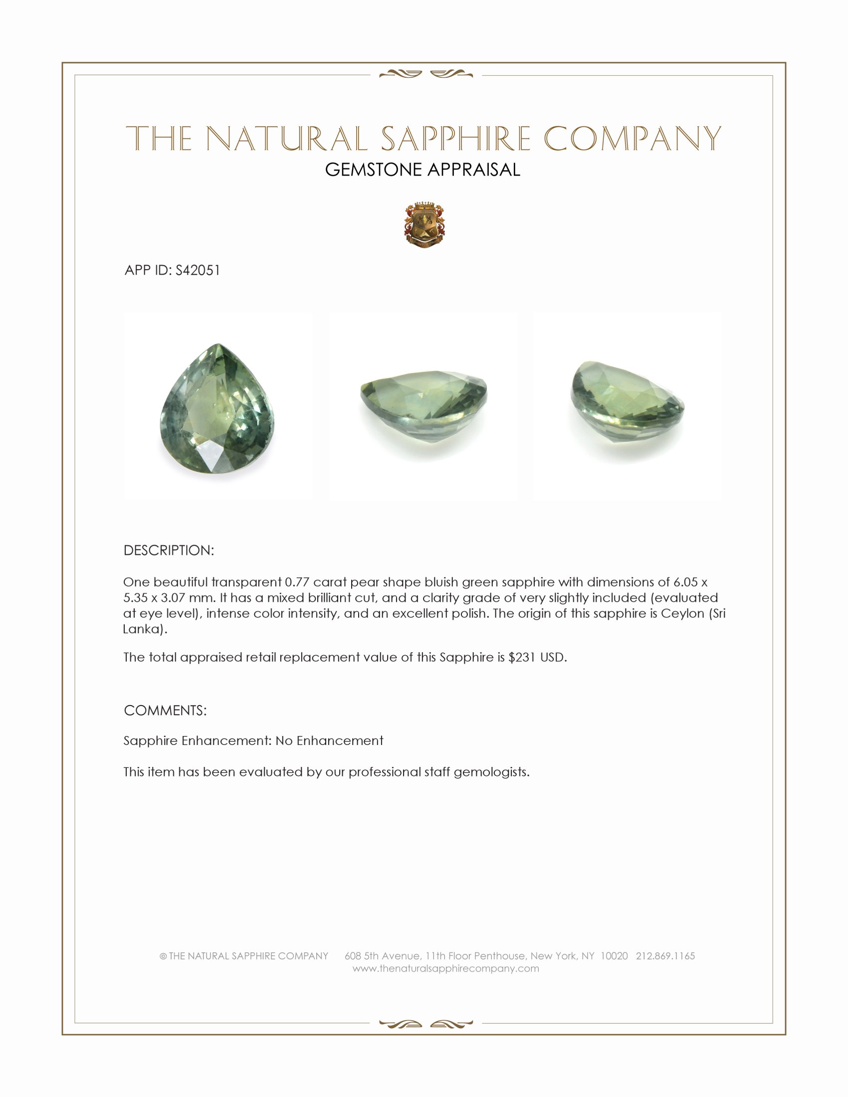 0.77 Ct. Bluish Green Sapphire from Ceylon (Sri Lanka)