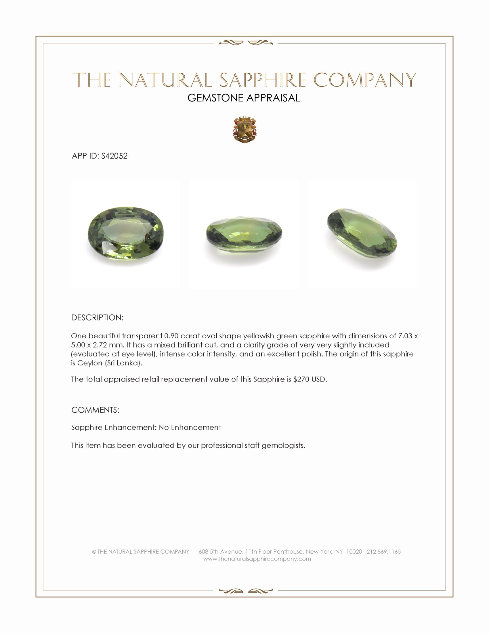 0.90 Ct. Yellowish Green Sapphire from Ceylon (Sri Lanka)