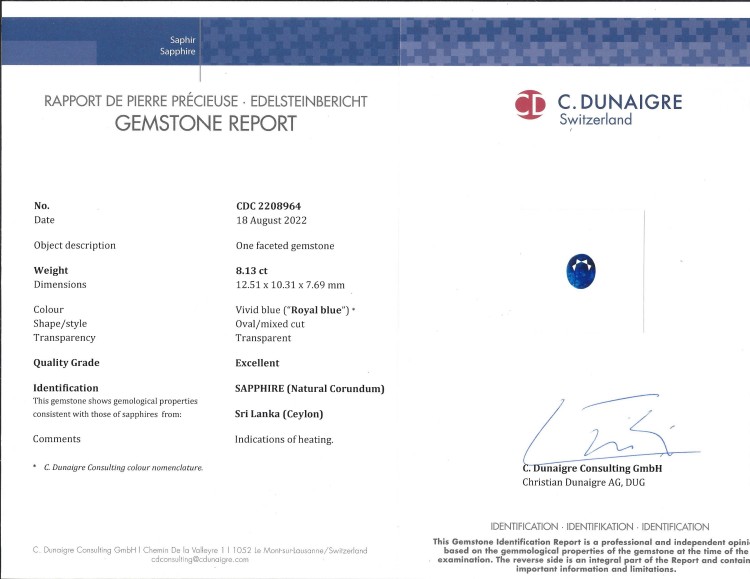 8.13 Ct. Blue Sapphire from Ceylon (Sri Lanka)