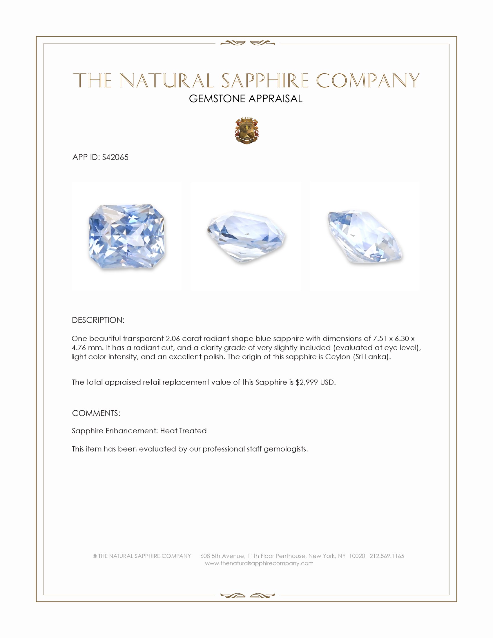 2.06 Ct. Blue Sapphire from Ceylon (Sri Lanka)