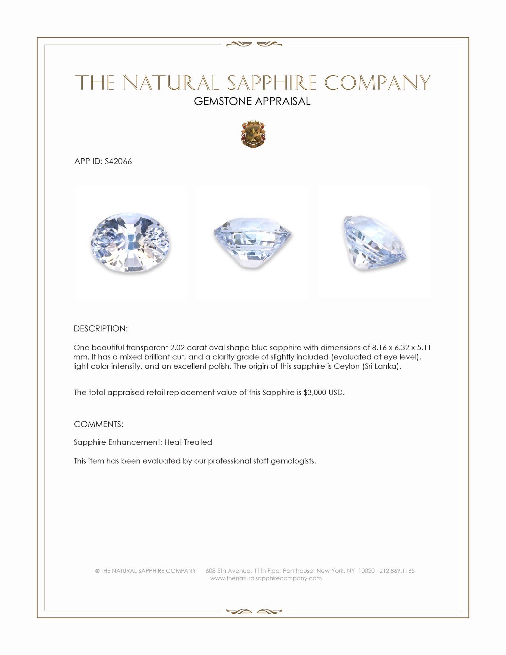 2.02 Ct. Blue Sapphire from Ceylon (Sri Lanka)