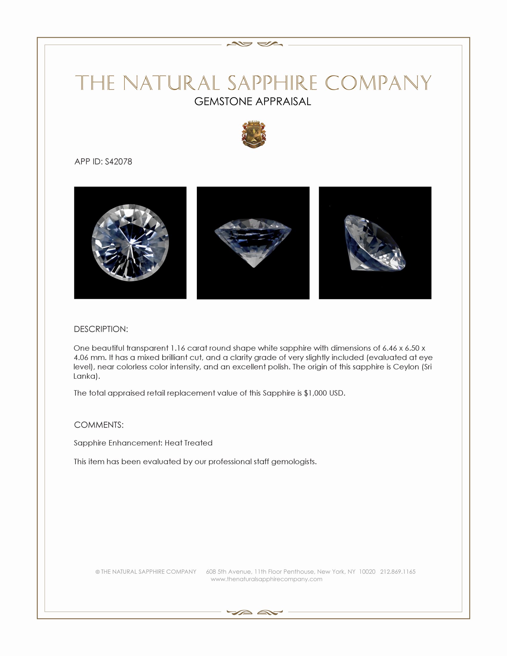 1.16 Ct. White Sapphire from Ceylon (Sri Lanka)