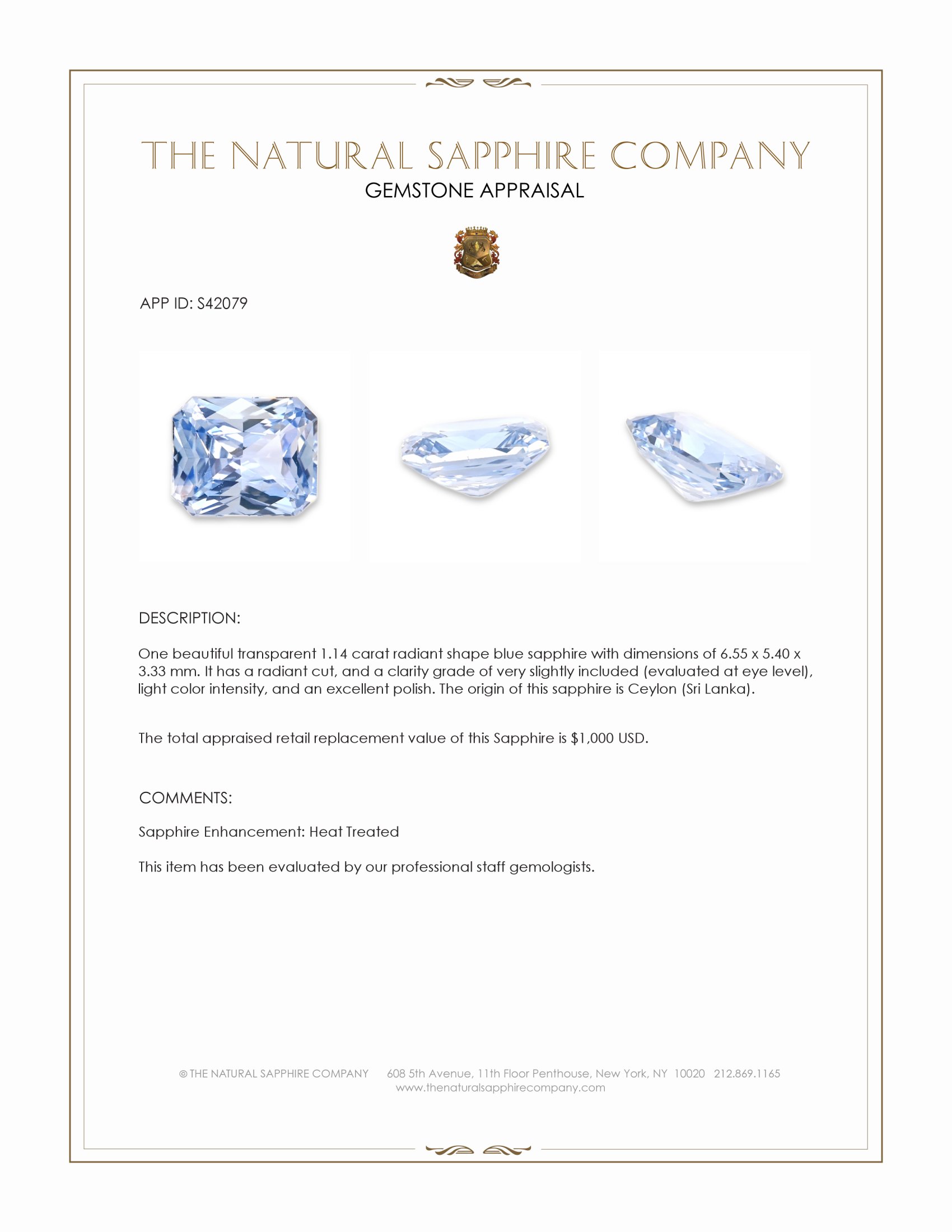 1.14 Ct. Blue Sapphire from Ceylon (Sri Lanka)