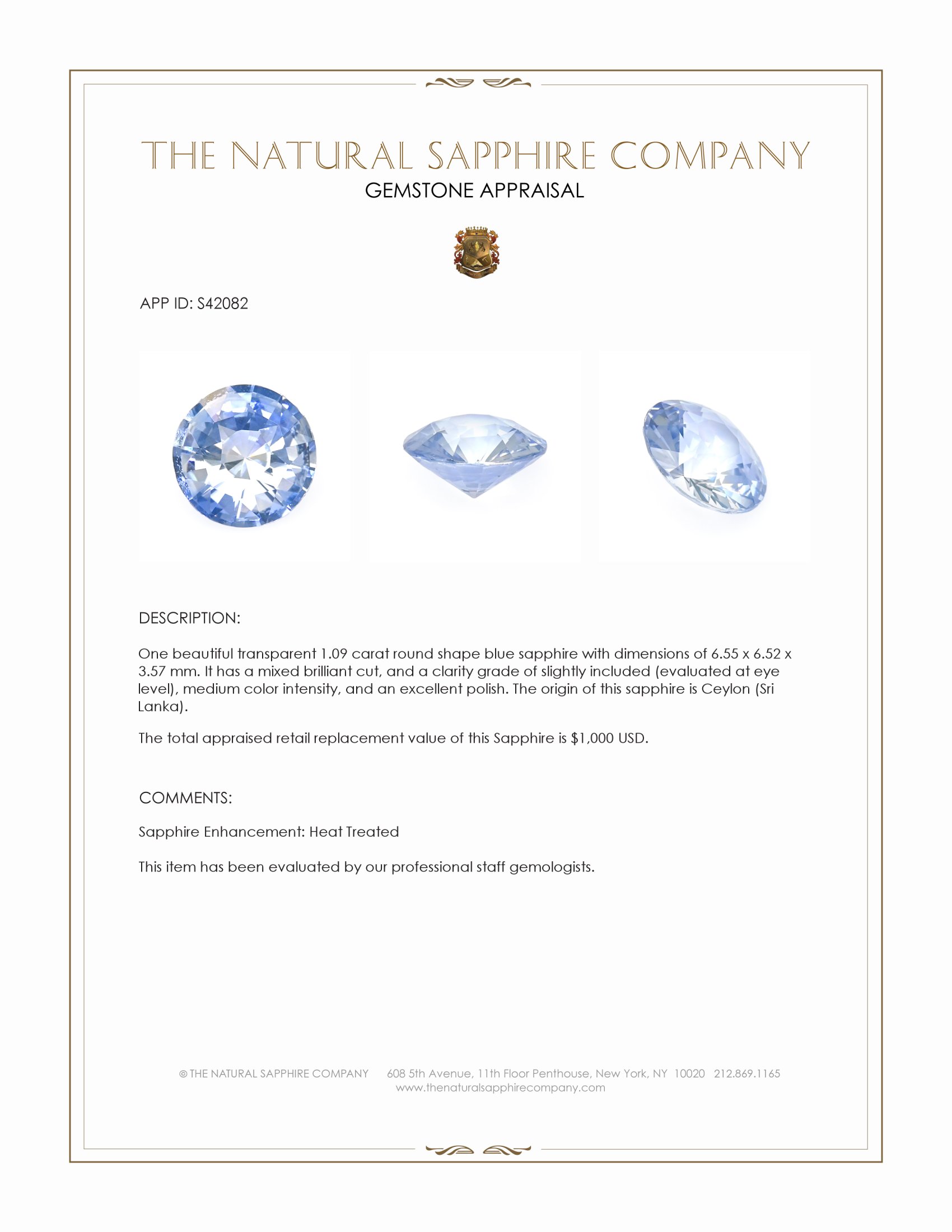 1.09 Ct. Blue Sapphire from Ceylon (Sri Lanka)