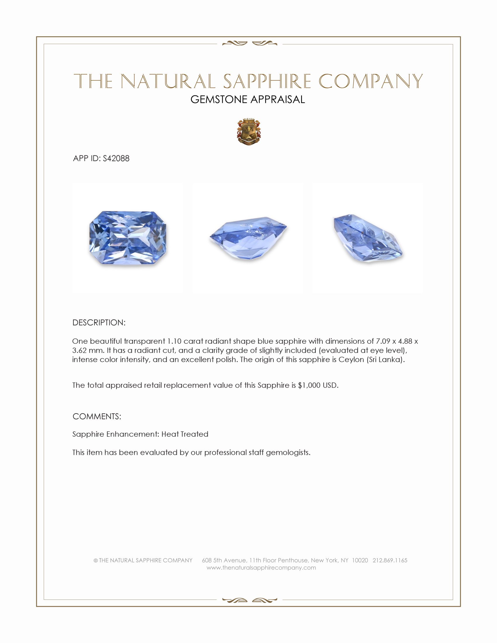 1.10 Ct. Blue Sapphire from Ceylon (Sri Lanka)