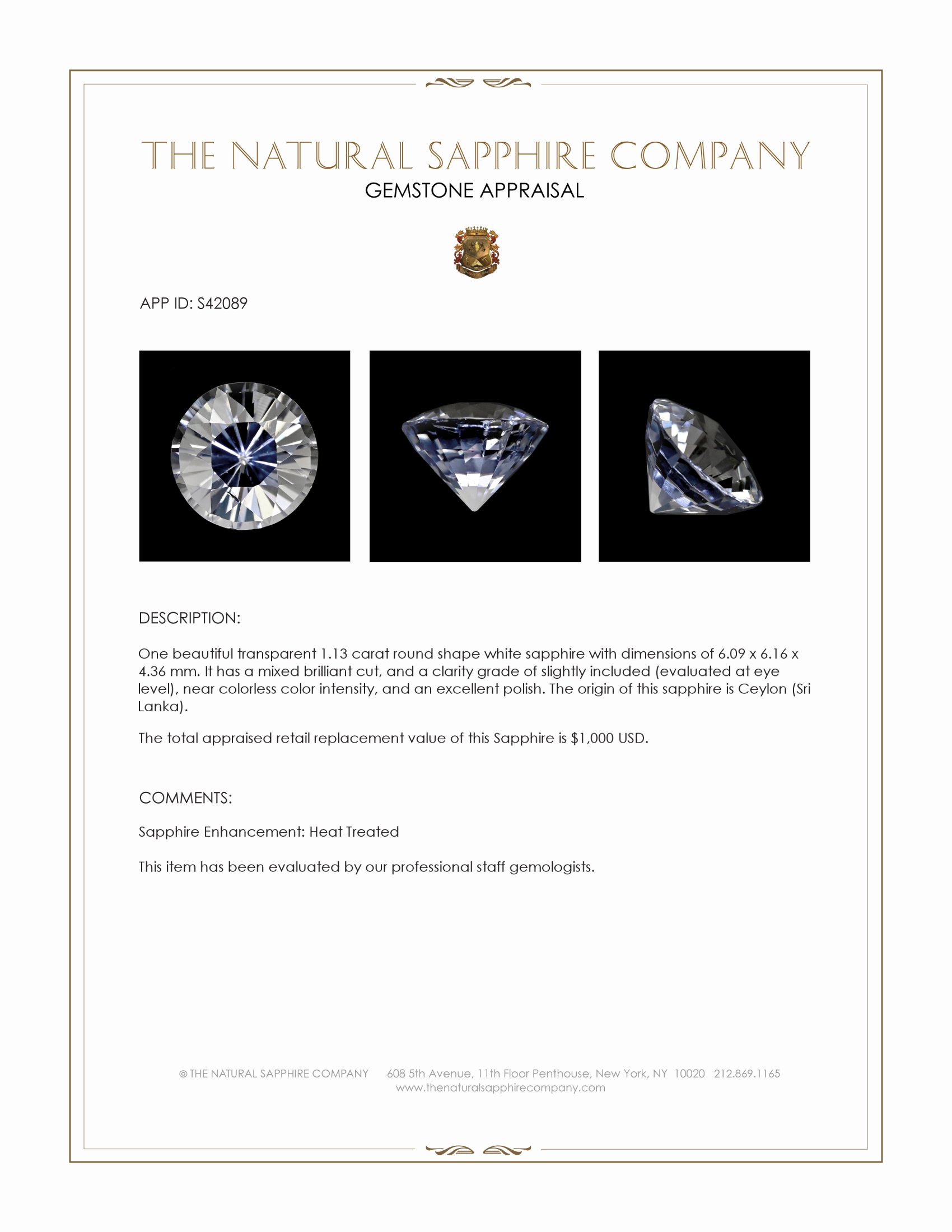 1.13 Ct. White Sapphire from Ceylon (Sri Lanka)