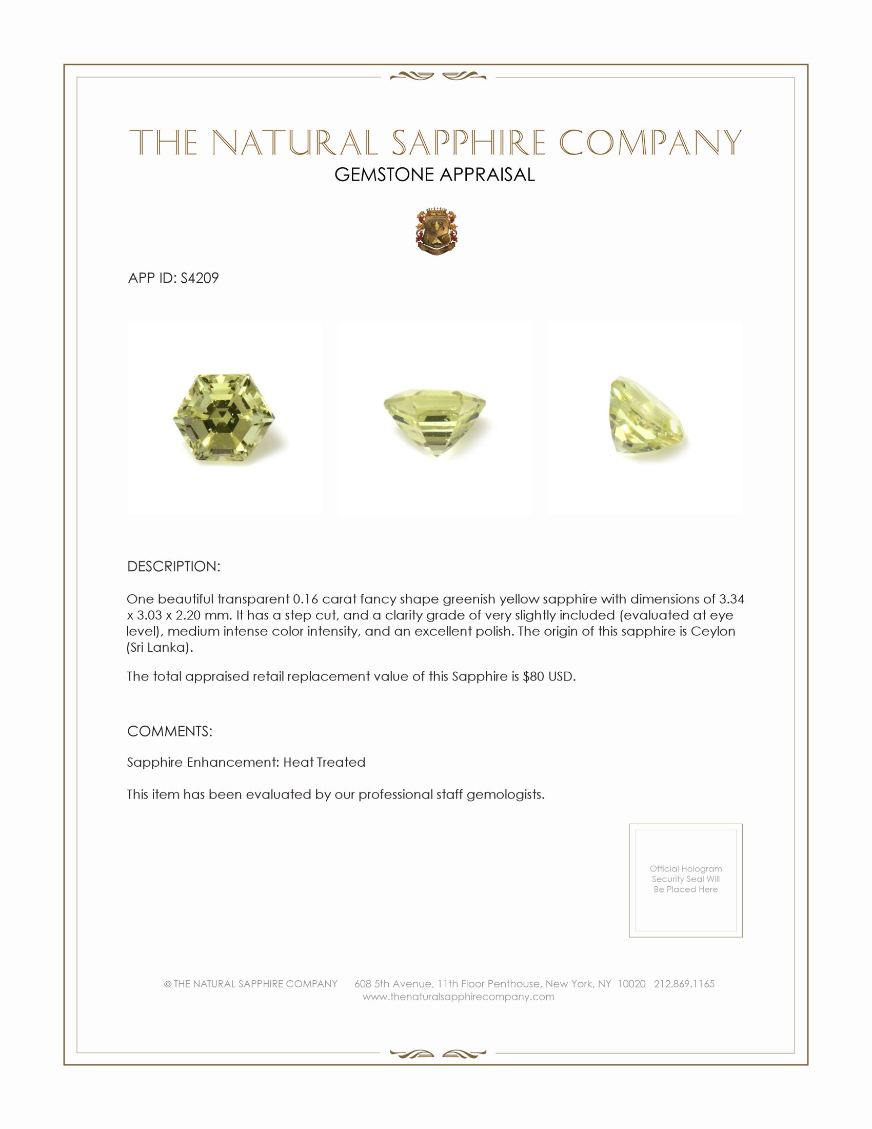 0.16 Ct. Greenish Yellow Sapphire from Ceylon (Sri Lanka)