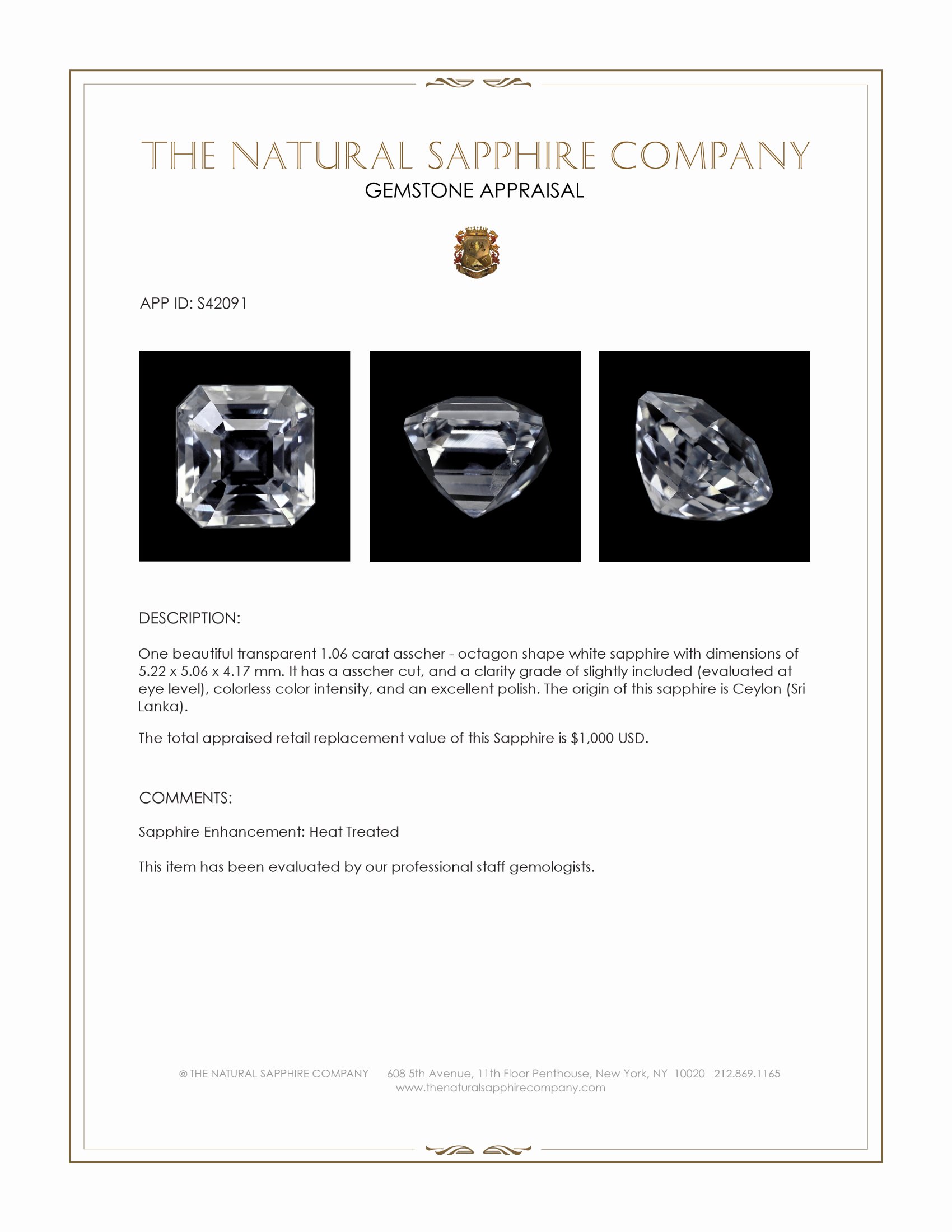 1.06 Ct. White Sapphire from Ceylon (Sri Lanka)