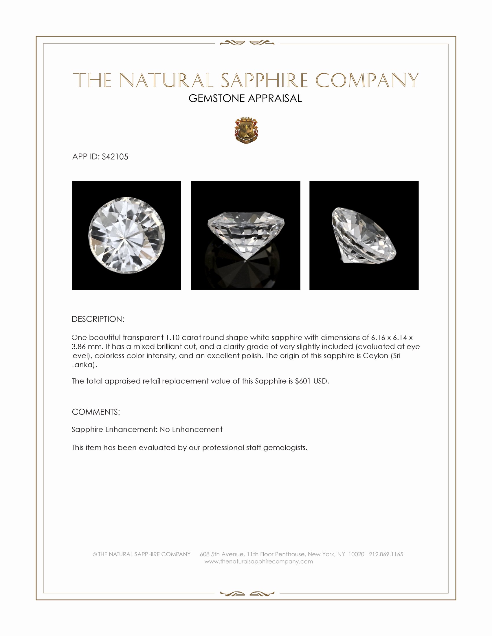 1.10 Ct. White Sapphire from Ceylon (Sri Lanka)