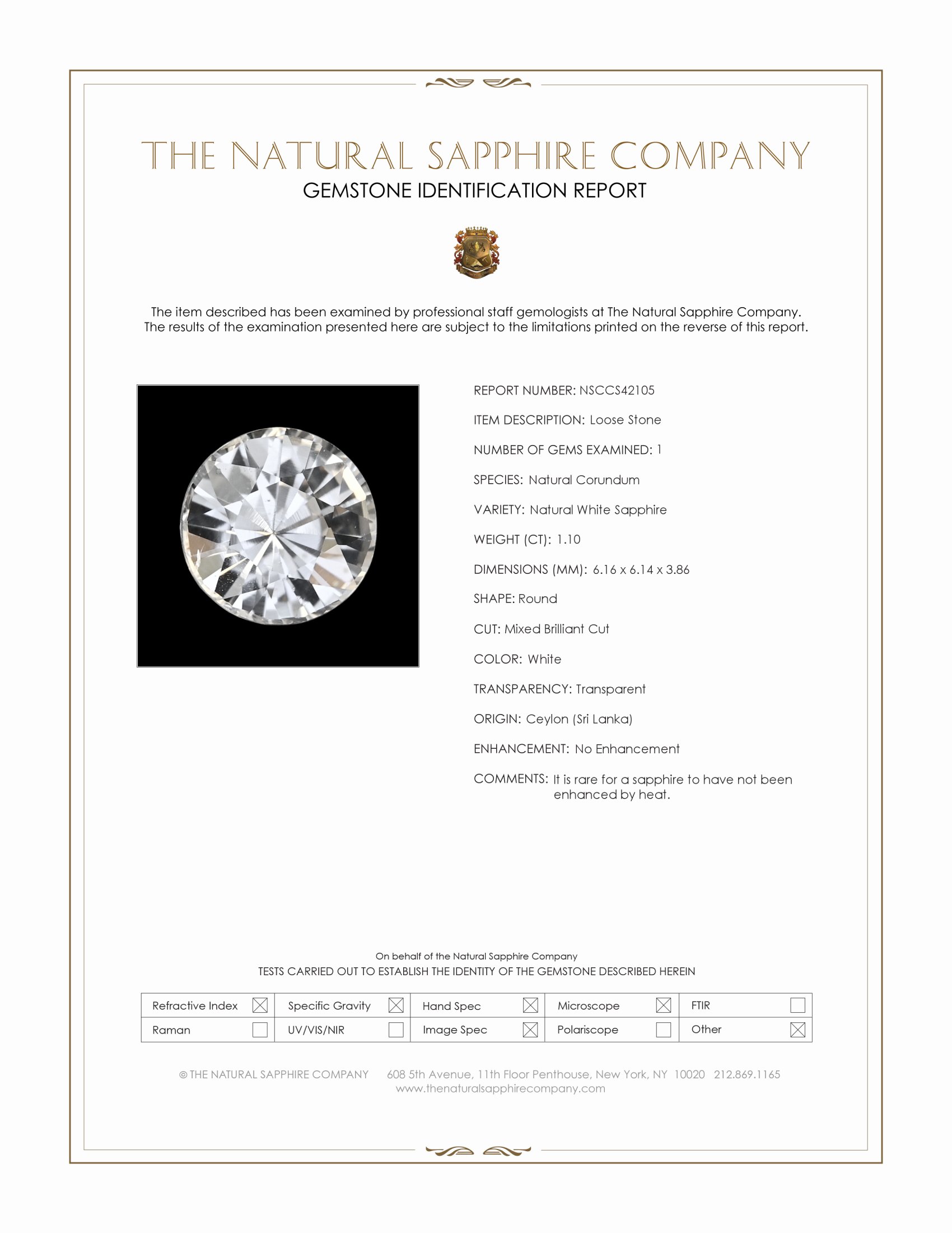 1.10 Ct. White Sapphire from Ceylon (Sri Lanka)