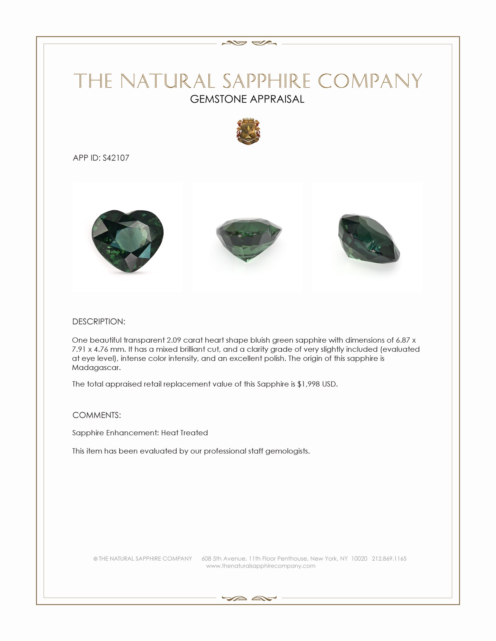 2.09 Ct. Bluish Green Sapphire from Madagascar