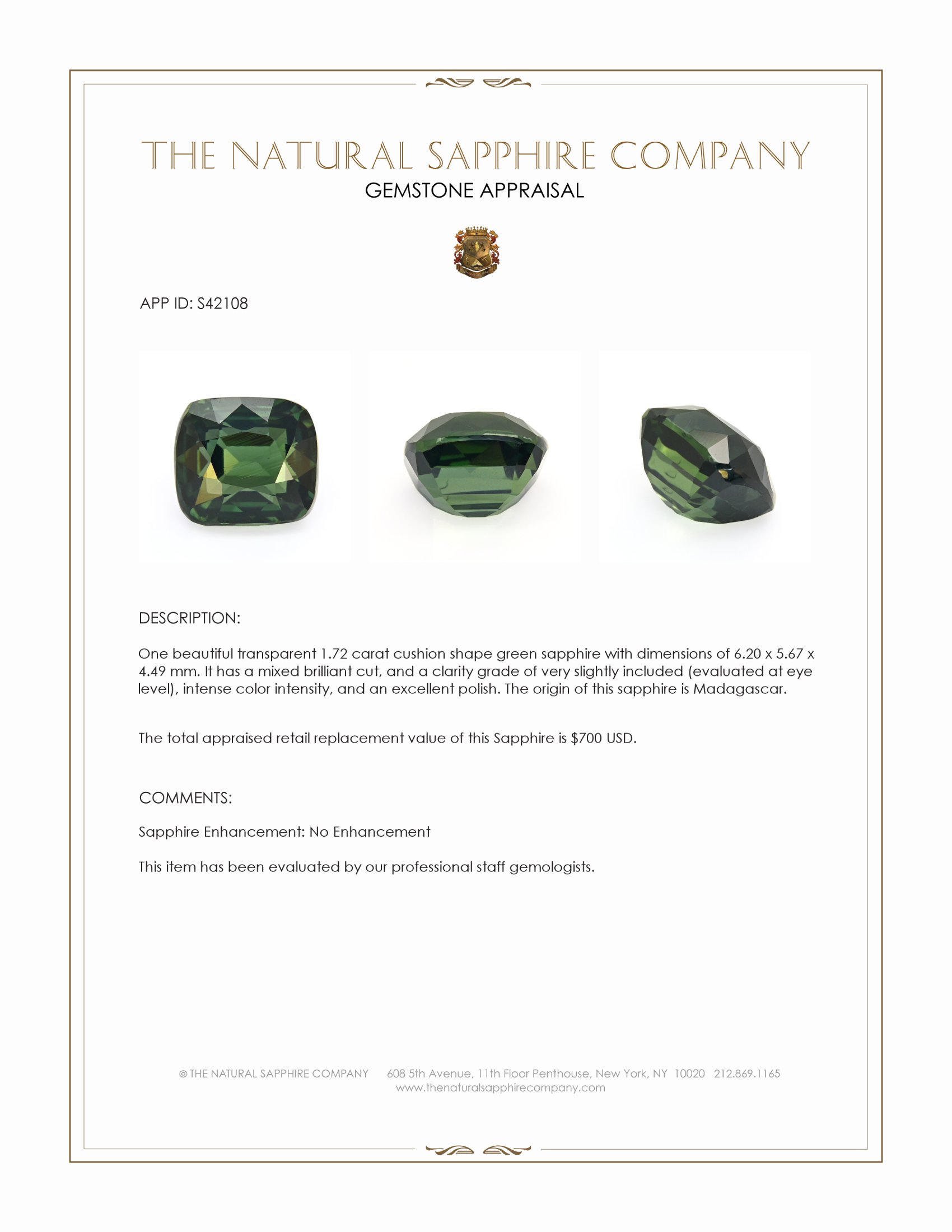 1.72 Ct. Green Sapphire from Madagascar