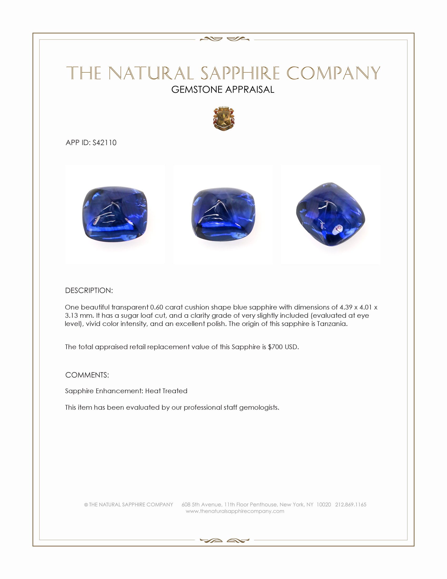 0.60 Ct. Blue Cabochon Sapphire from Tanzania
