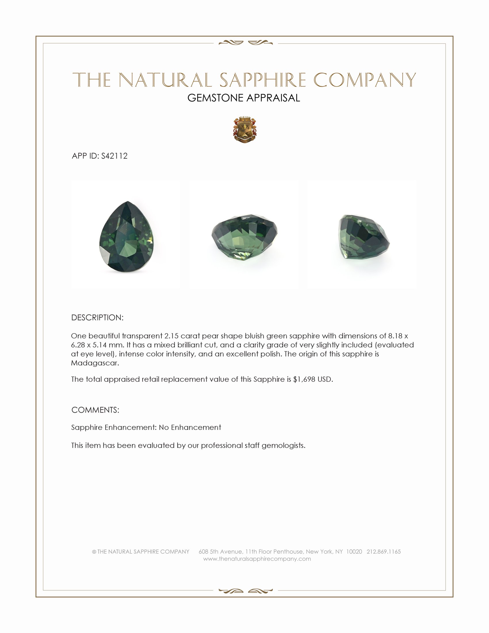 2.15 Ct. Bluish Green Sapphire from Madagascar