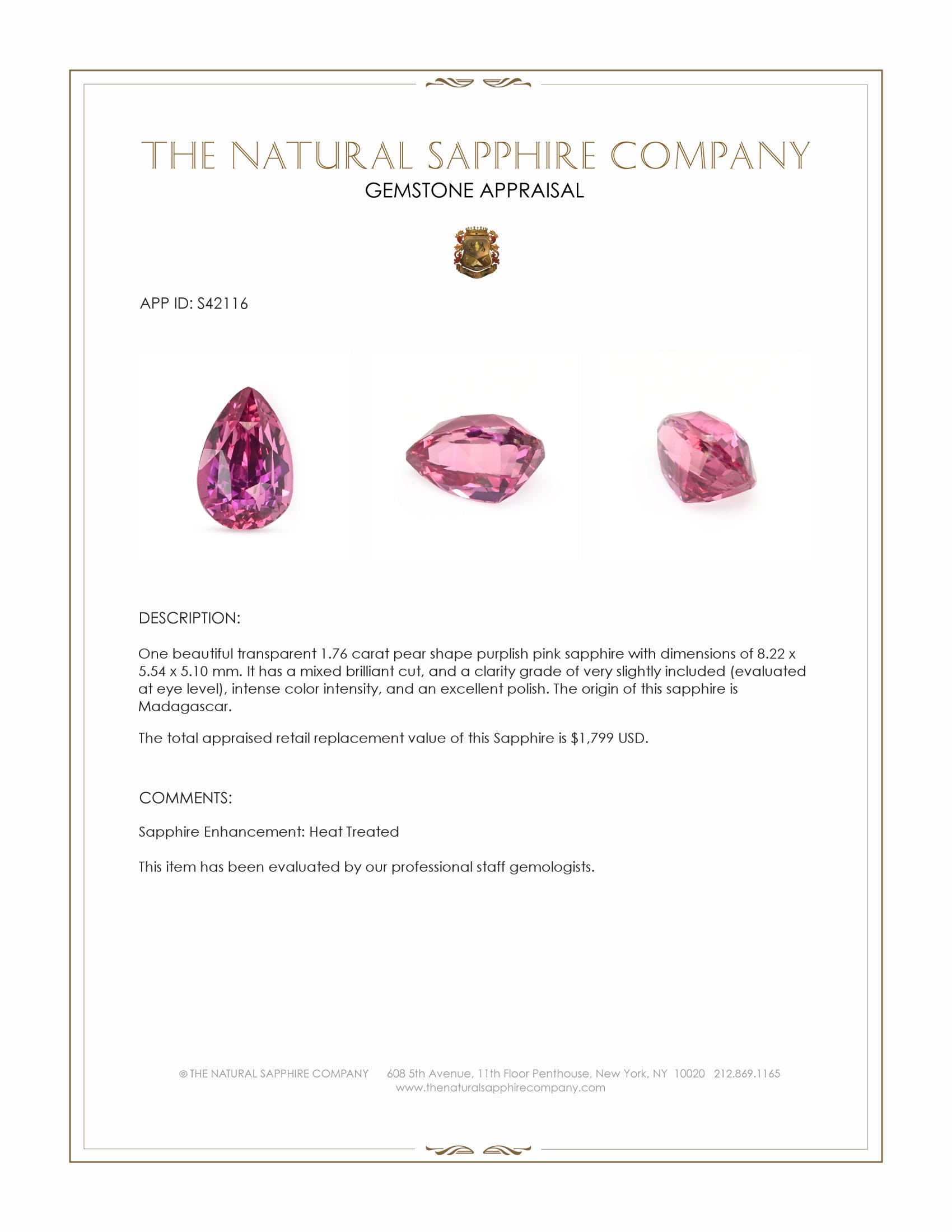 1.76 Ct. Purplish Pink Sapphire from Madagascar