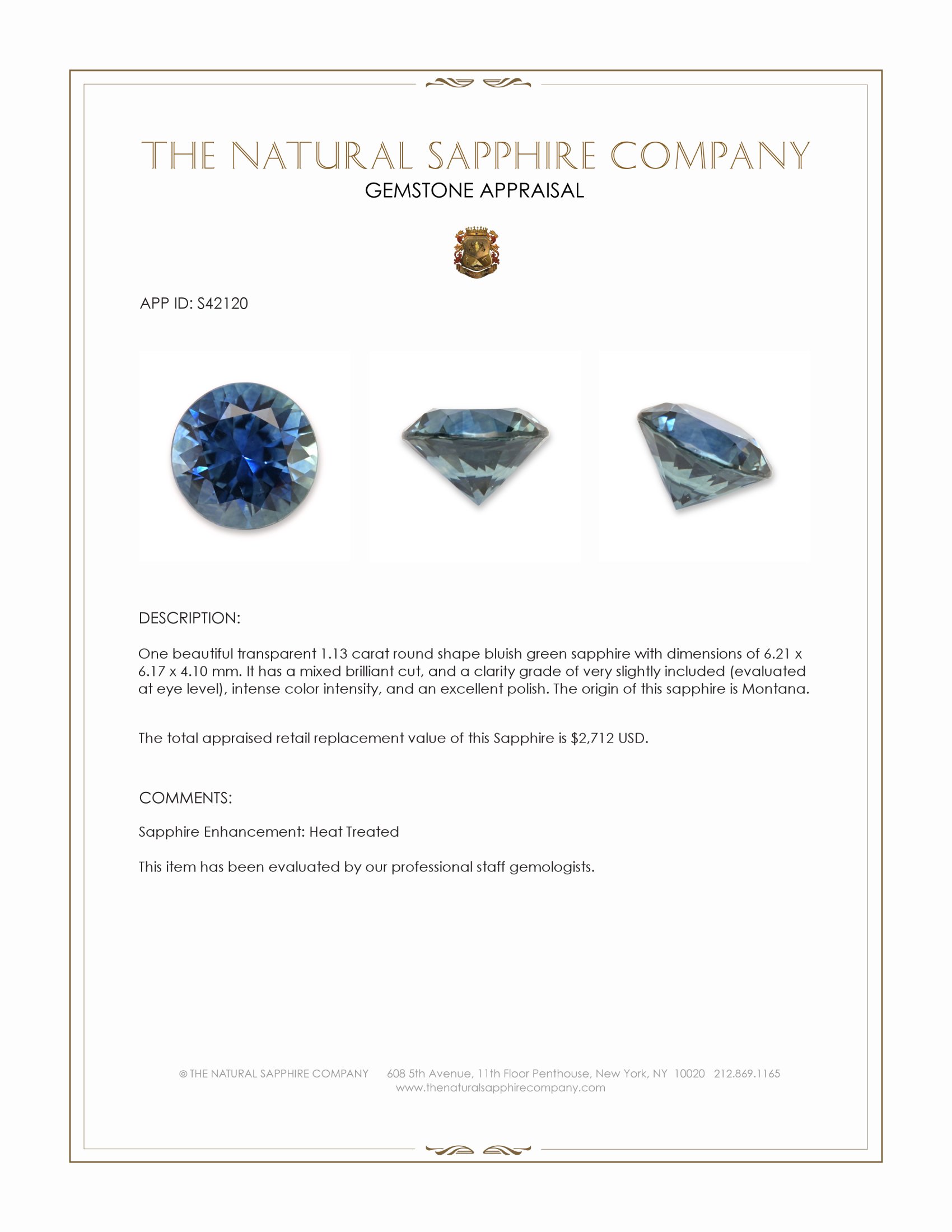 1.13 Ct. Bluish Green Sapphire from Montana