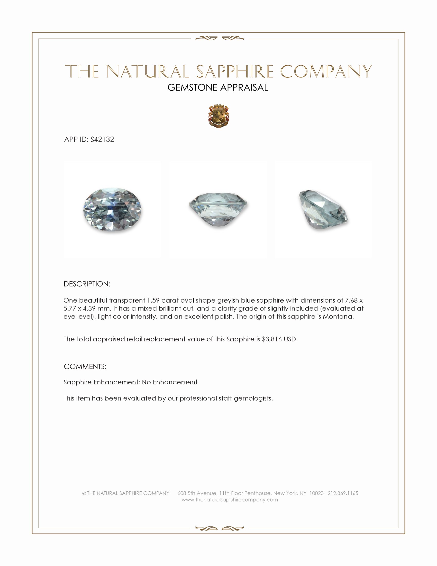 1.59 Ct. Greyish Blue Sapphire from Montana