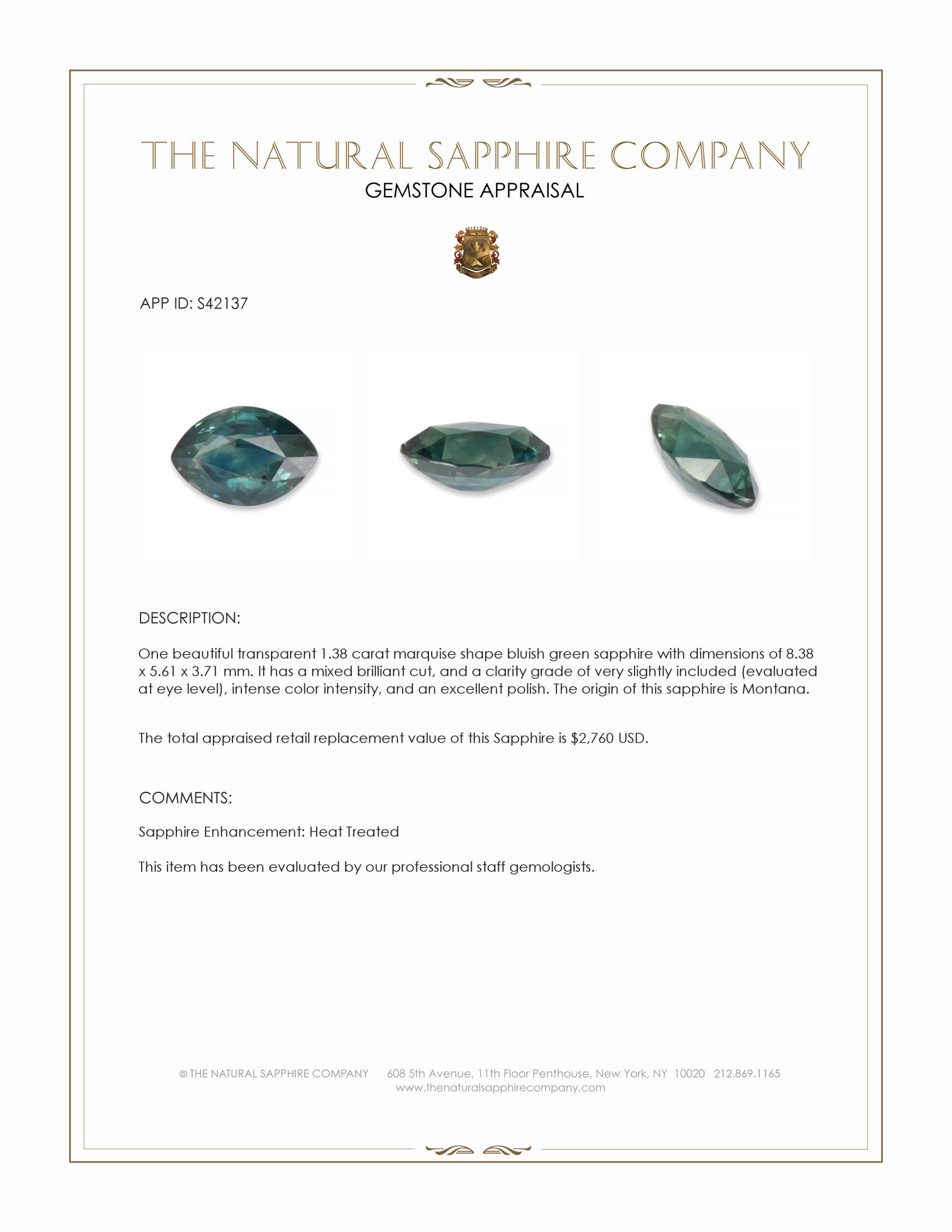 1.38 Ct. Bluish Green Sapphire from Montana