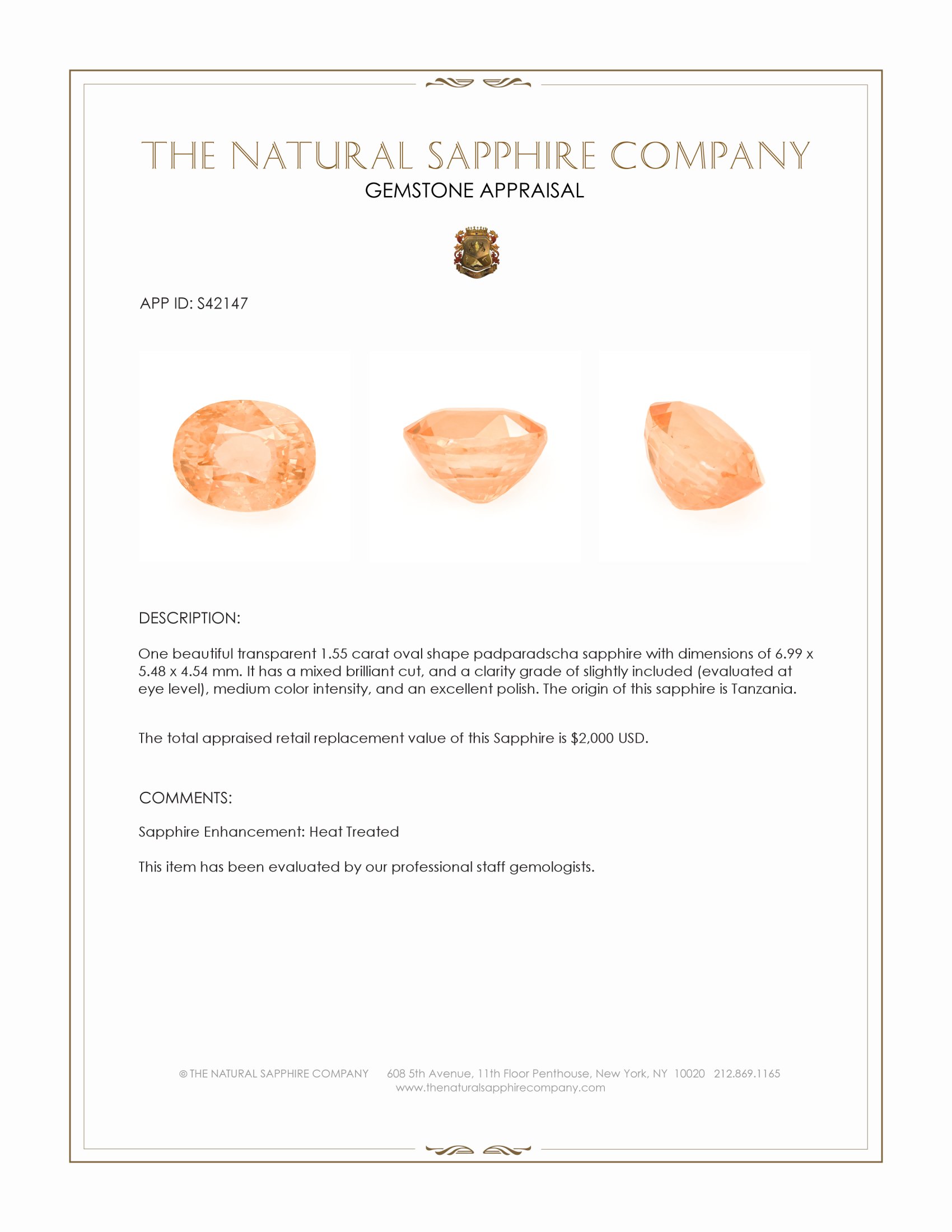 1.55 Ct. Padparadscha Sapphire from Tanzania