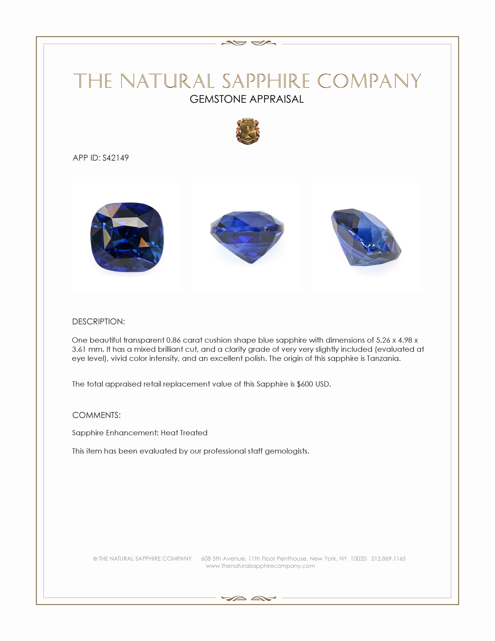 0.86 Ct. Blue Sapphire from Tanzania