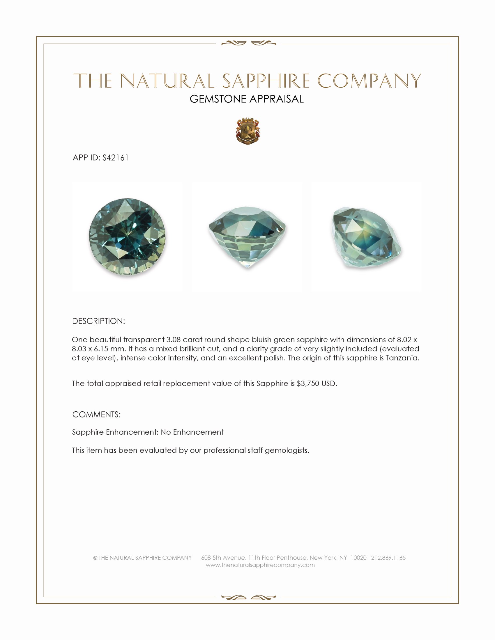 3.08 Ct. Bluish Green Sapphire from Tanzania