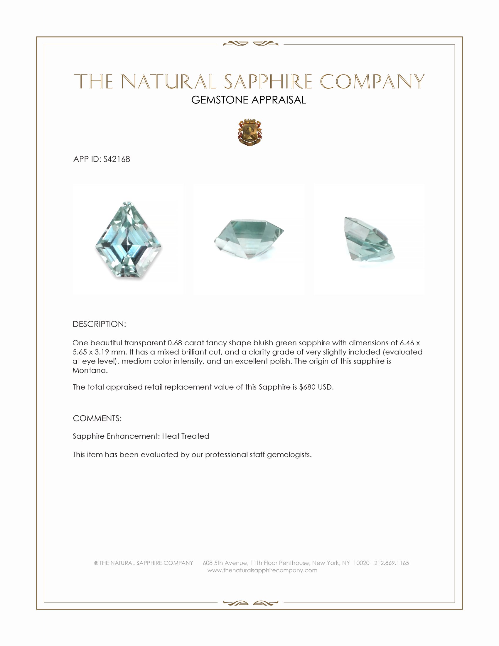0.68 Ct. Bluish Green Sapphire from Montana