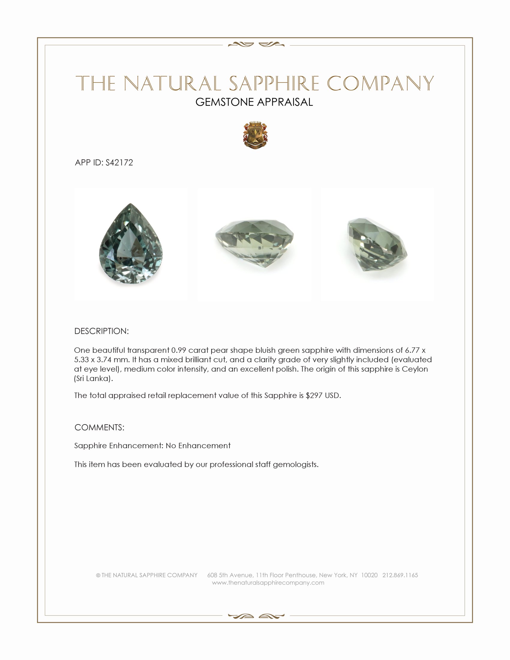 0.99 Ct. Bluish Green Sapphire from Ceylon (Sri Lanka)