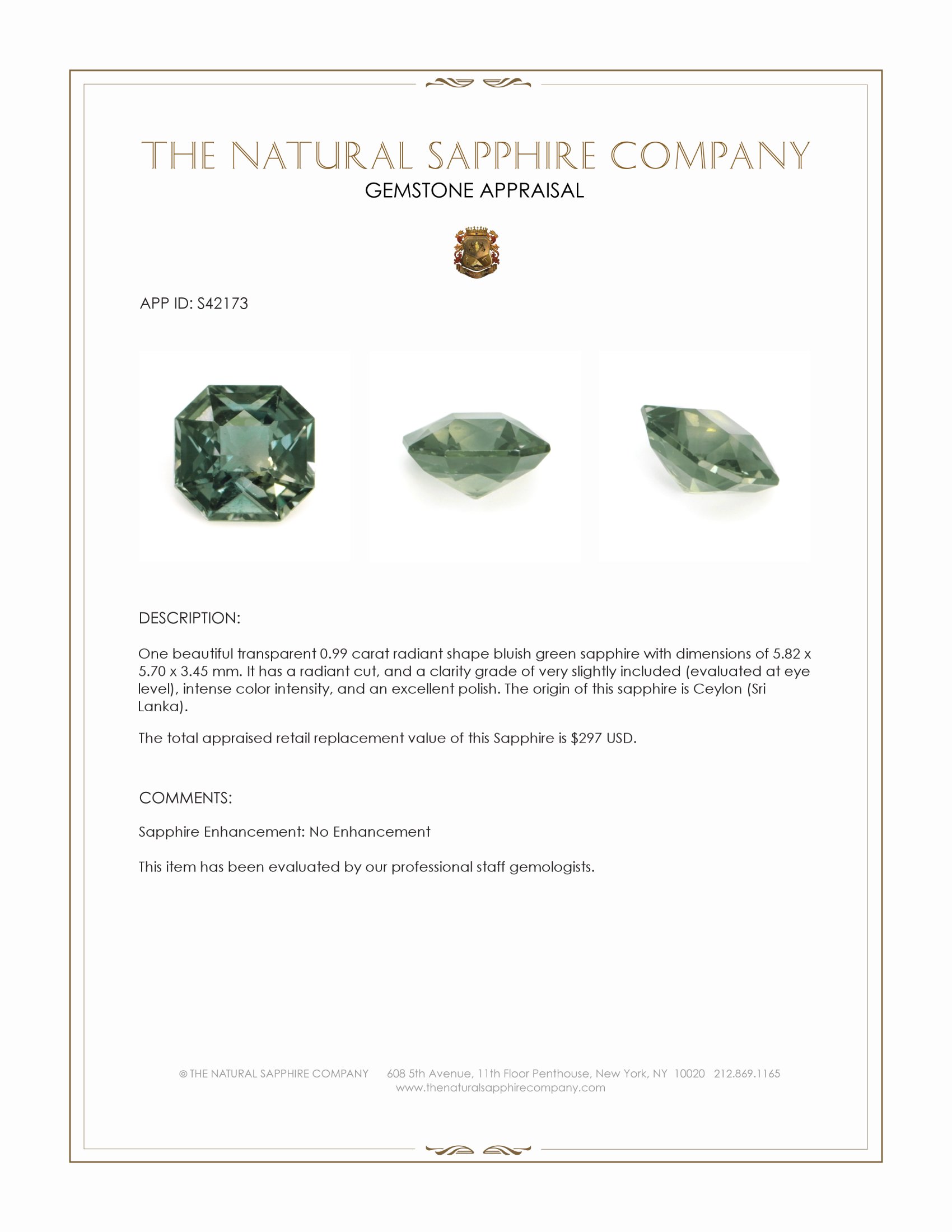 0.99 Ct. Bluish Green Sapphire from Ceylon (Sri Lanka)