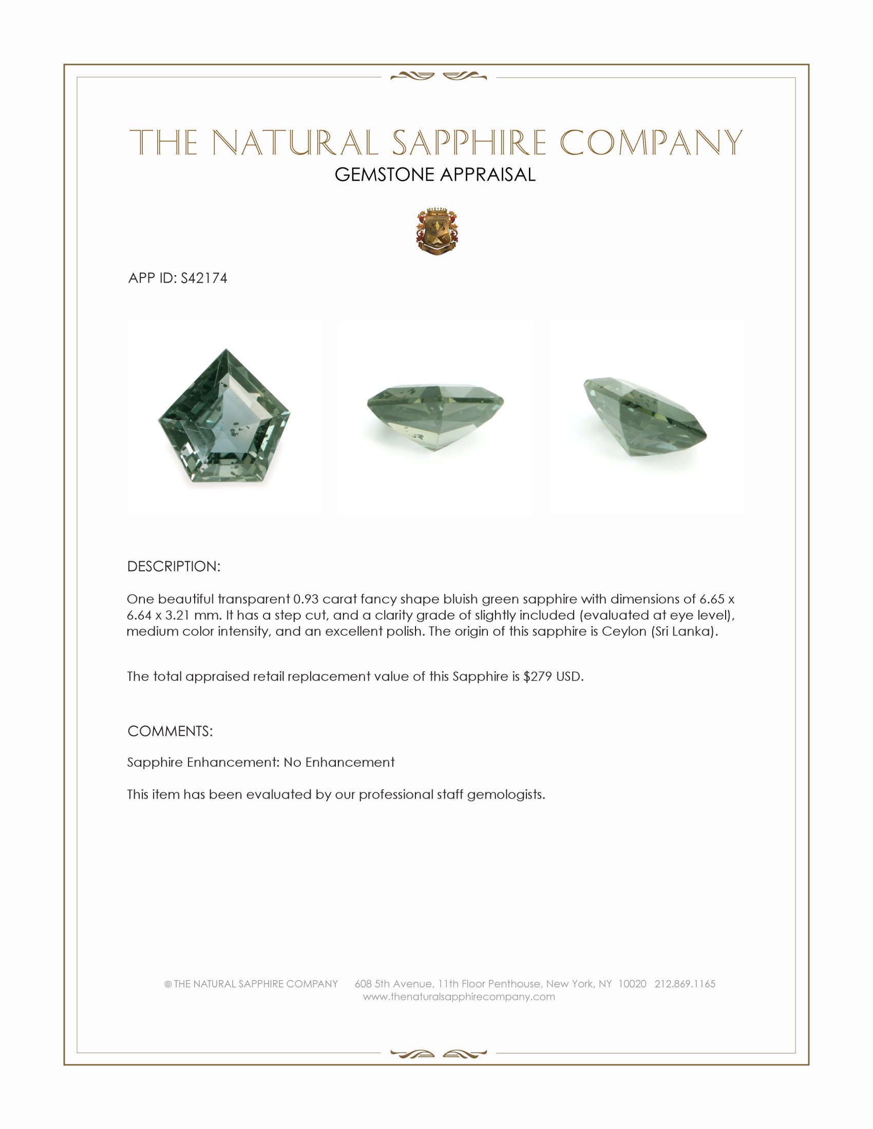 0.93 Ct. Bluish Green Sapphire from Ceylon (Sri Lanka)