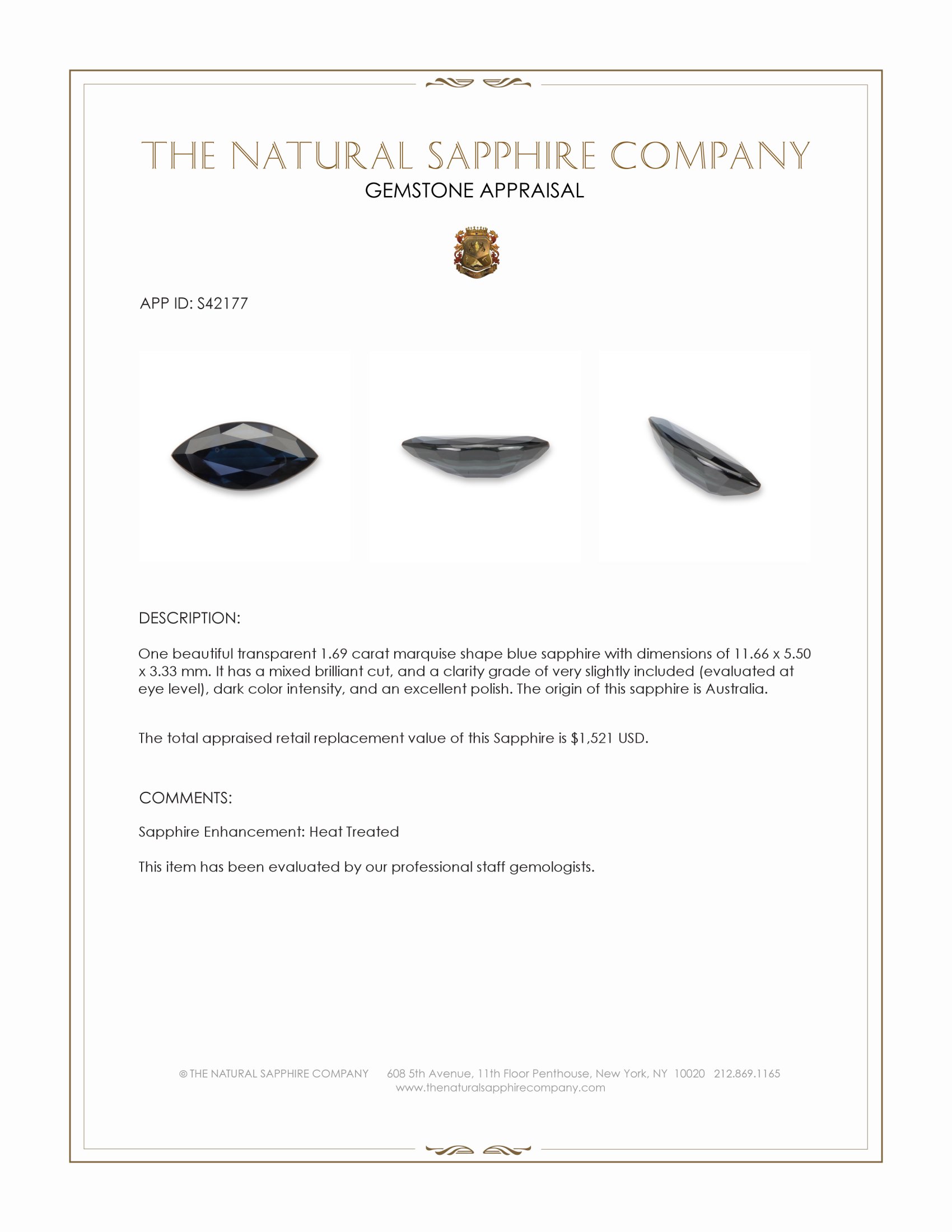1.69 Ct. Blue Sapphire from Australia