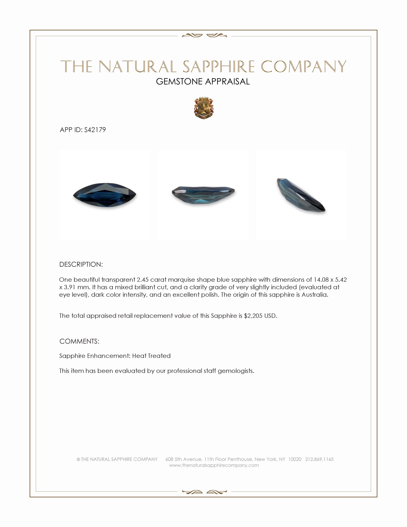 2.45 Ct. Blue Sapphire from Australia