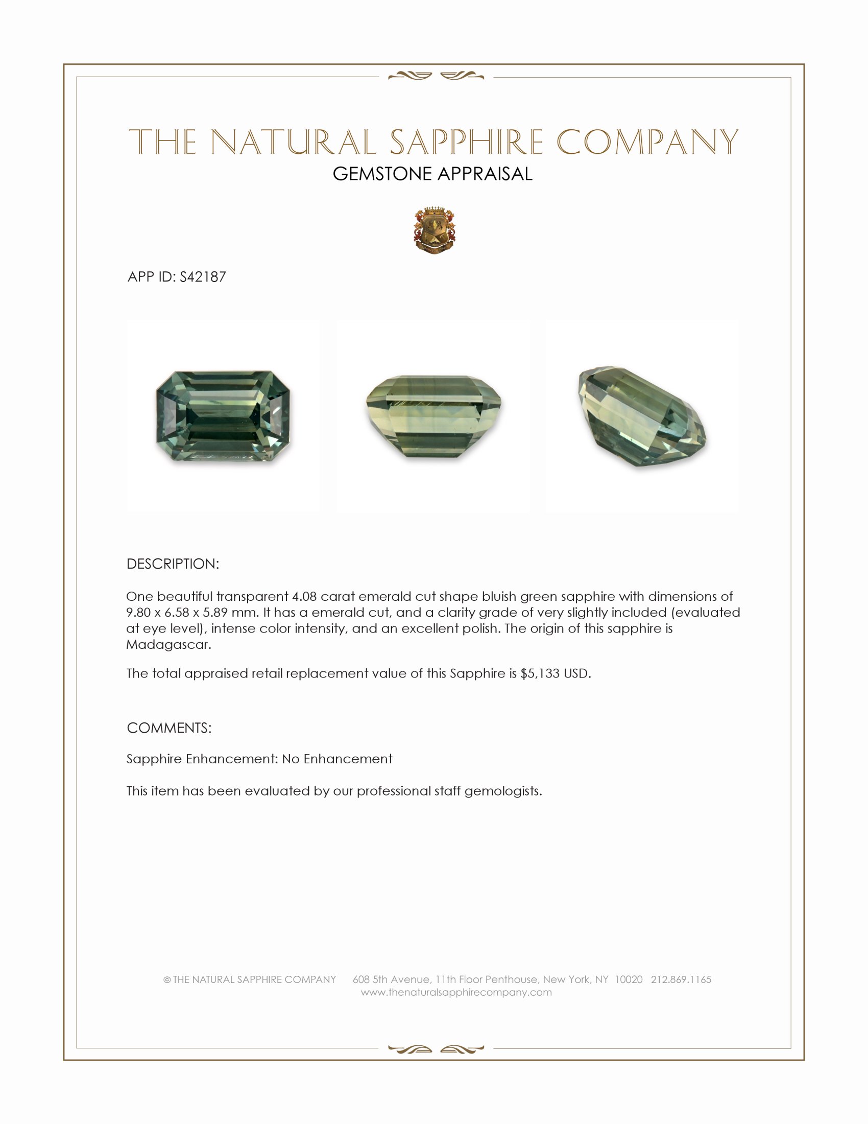 4.08 Ct. Bluish Green Sapphire from Madagascar