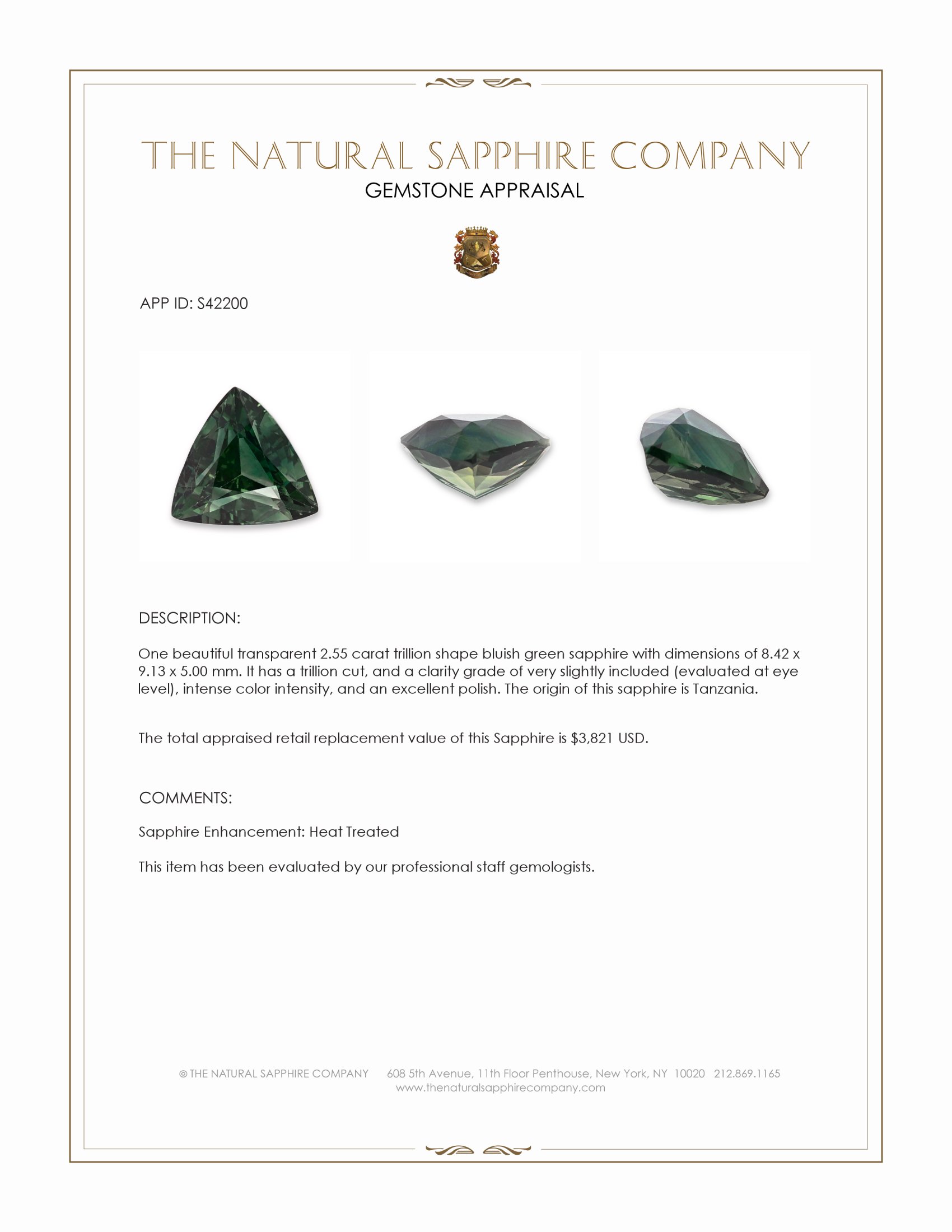 2.55 Ct. Bluish Green Sapphire from Tanzania