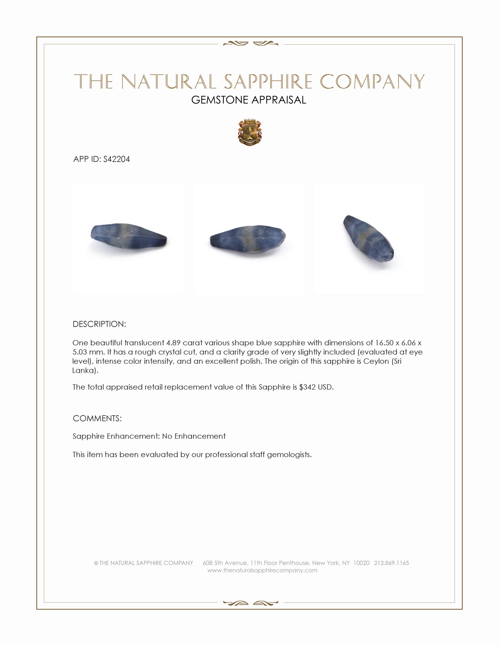 4.89 Ct. Blue Sapphire from Ceylon (Sri Lanka)