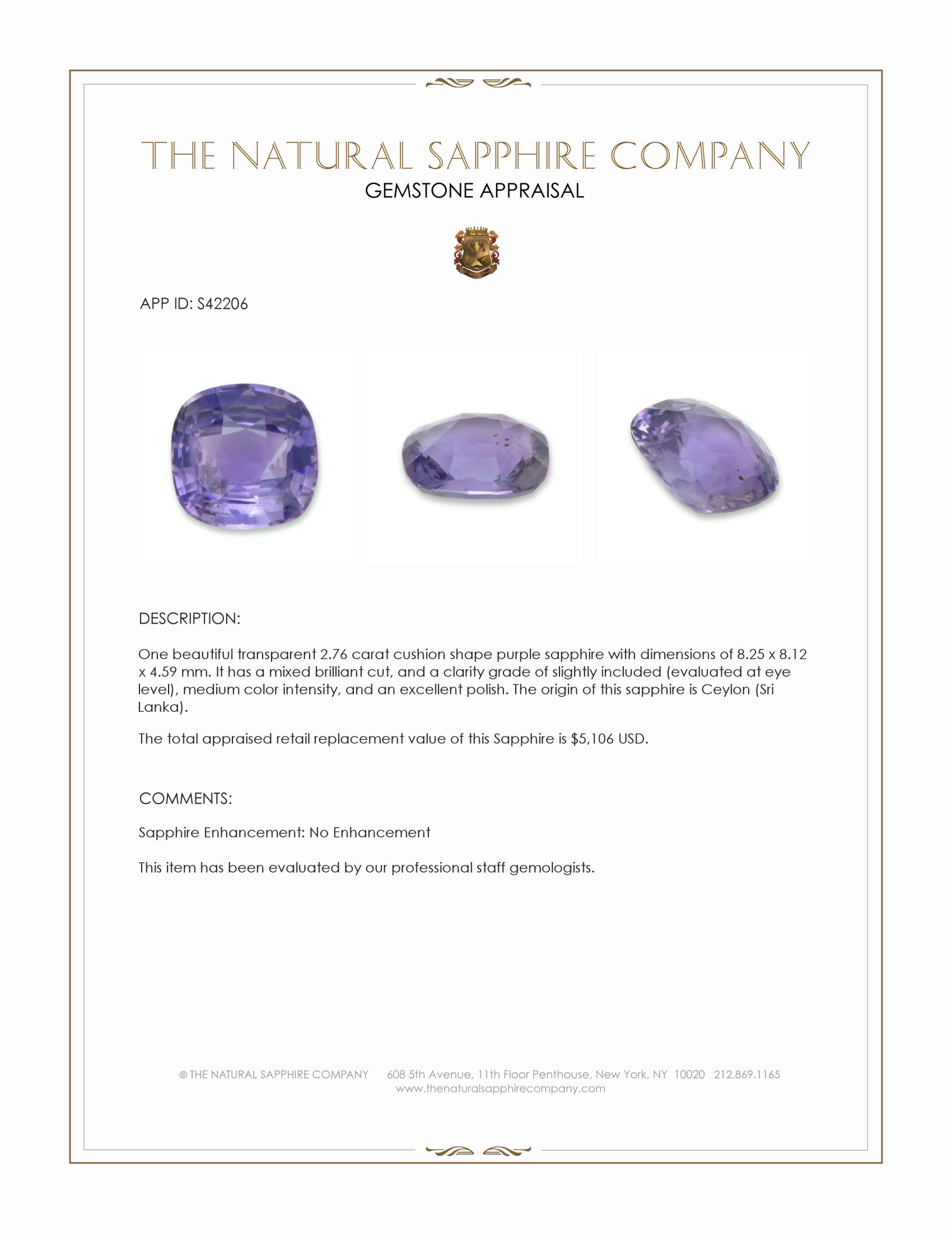 2.76 Ct. Purple Sapphire from Ceylon (Sri Lanka)