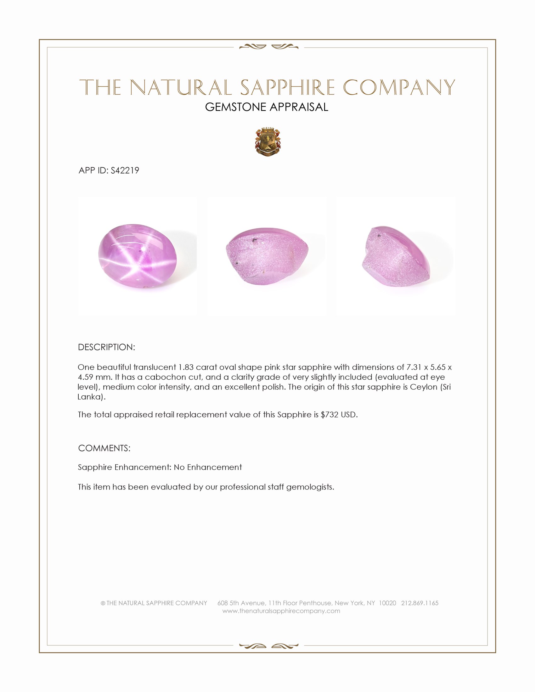 1.83 Ct. Pink Star Sapphire from Ceylon (Sri Lanka)