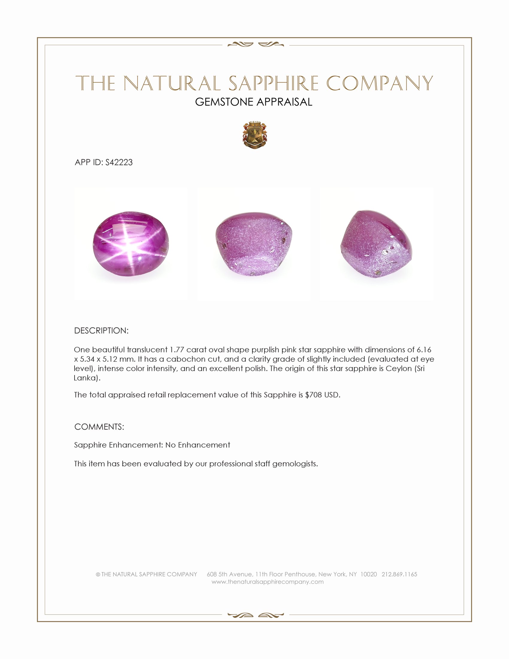 1.77 Ct. Purplish Pink Star Sapphire from Ceylon (Sri Lanka)
