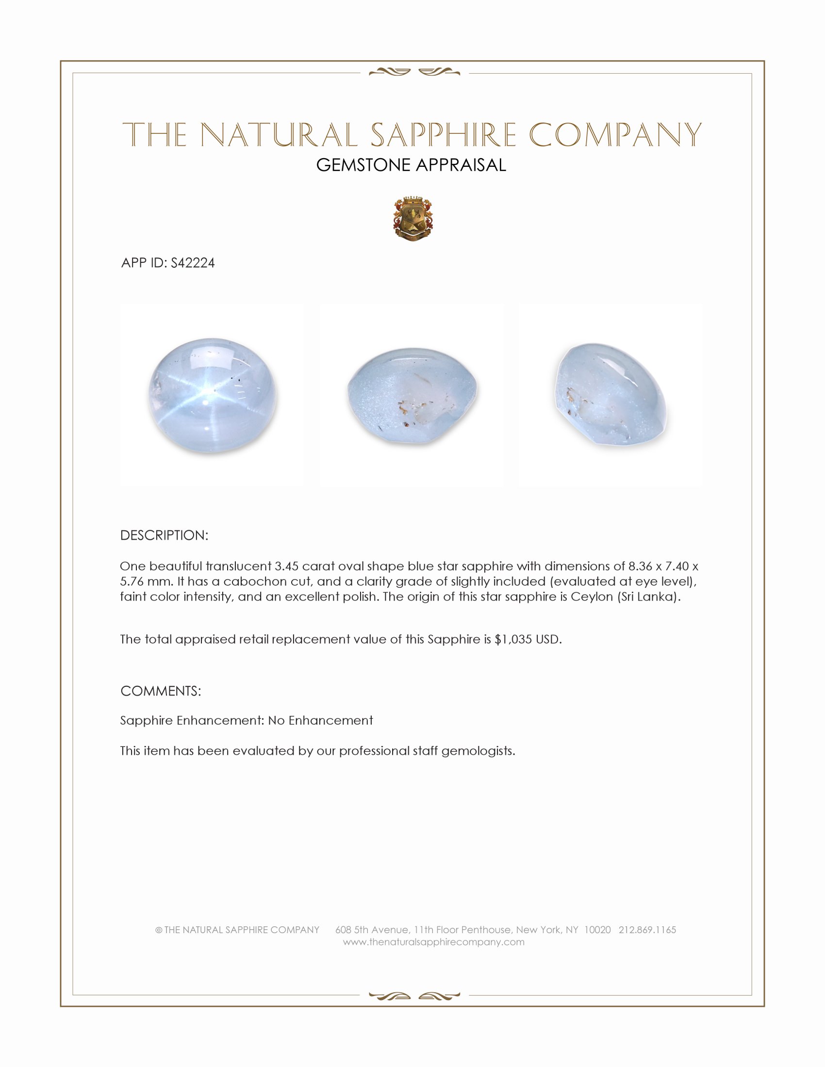 3.45 Ct. Blue Star Sapphire from Ceylon (Sri Lanka)