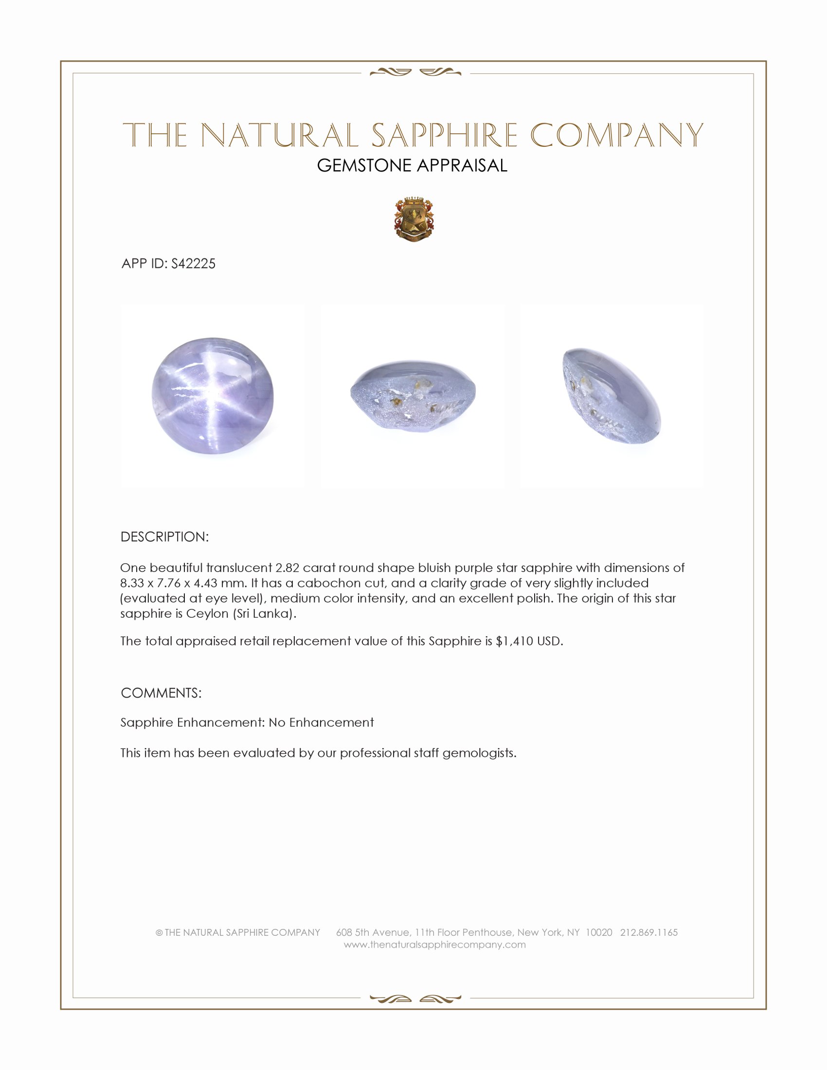 2.82 Ct. Bluish Purple Star Sapphire from Ceylon (Sri Lanka)