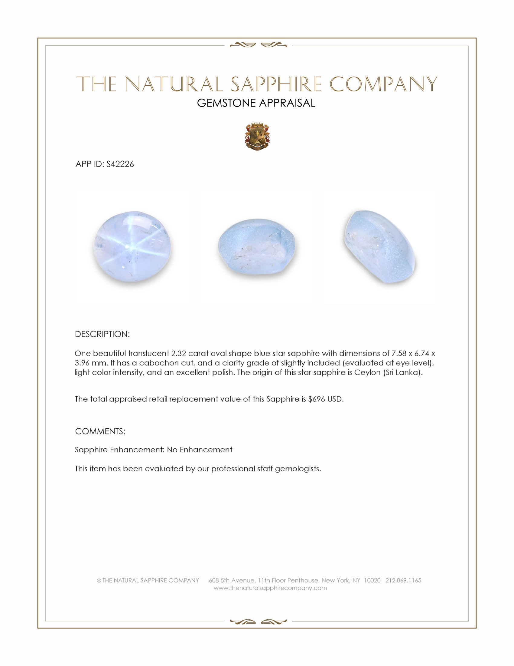 2.32 Ct. Blue Star Sapphire from Ceylon (Sri Lanka)