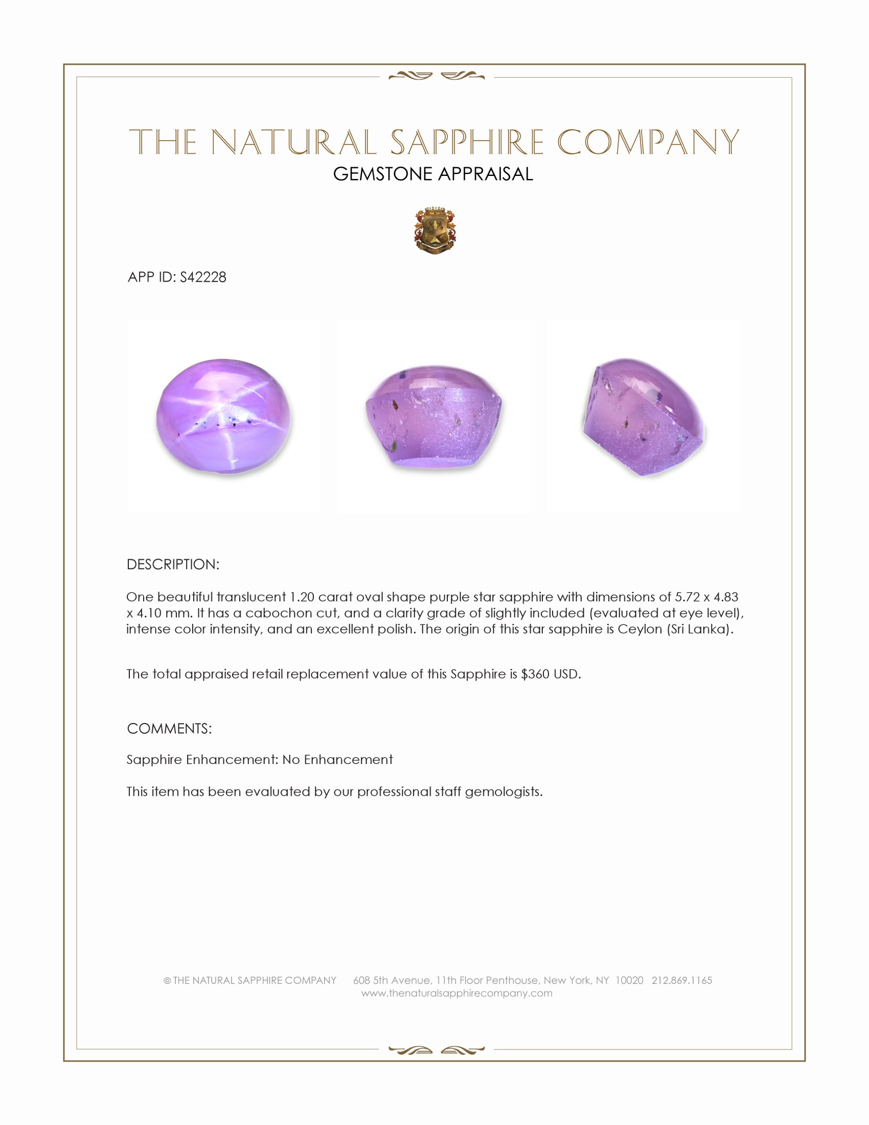 1.20 Ct. Pinkish Purple Star Sapphire from Ceylon (Sri Lanka)