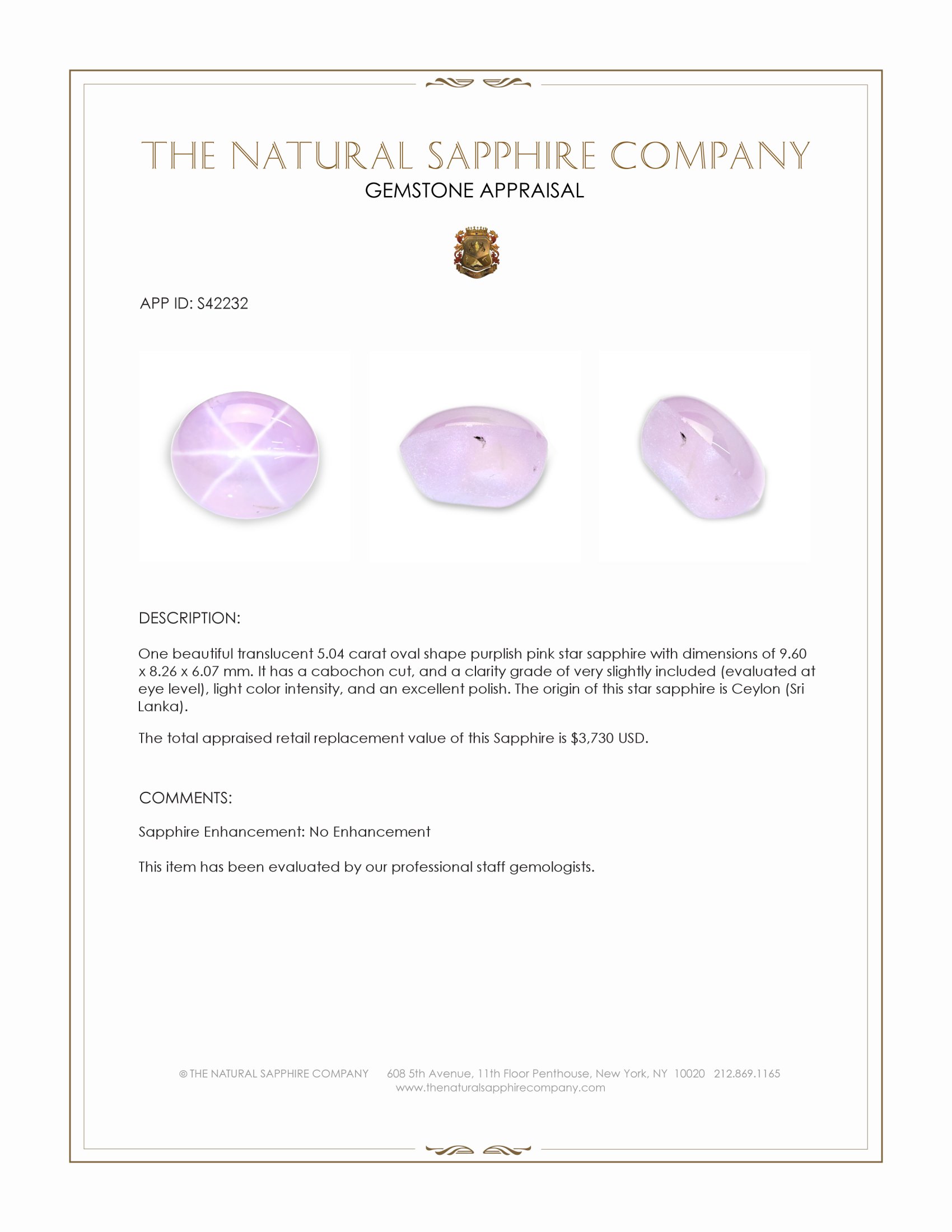 5.04 Ct. Purplish Pink Star Sapphire from Ceylon (Sri Lanka)