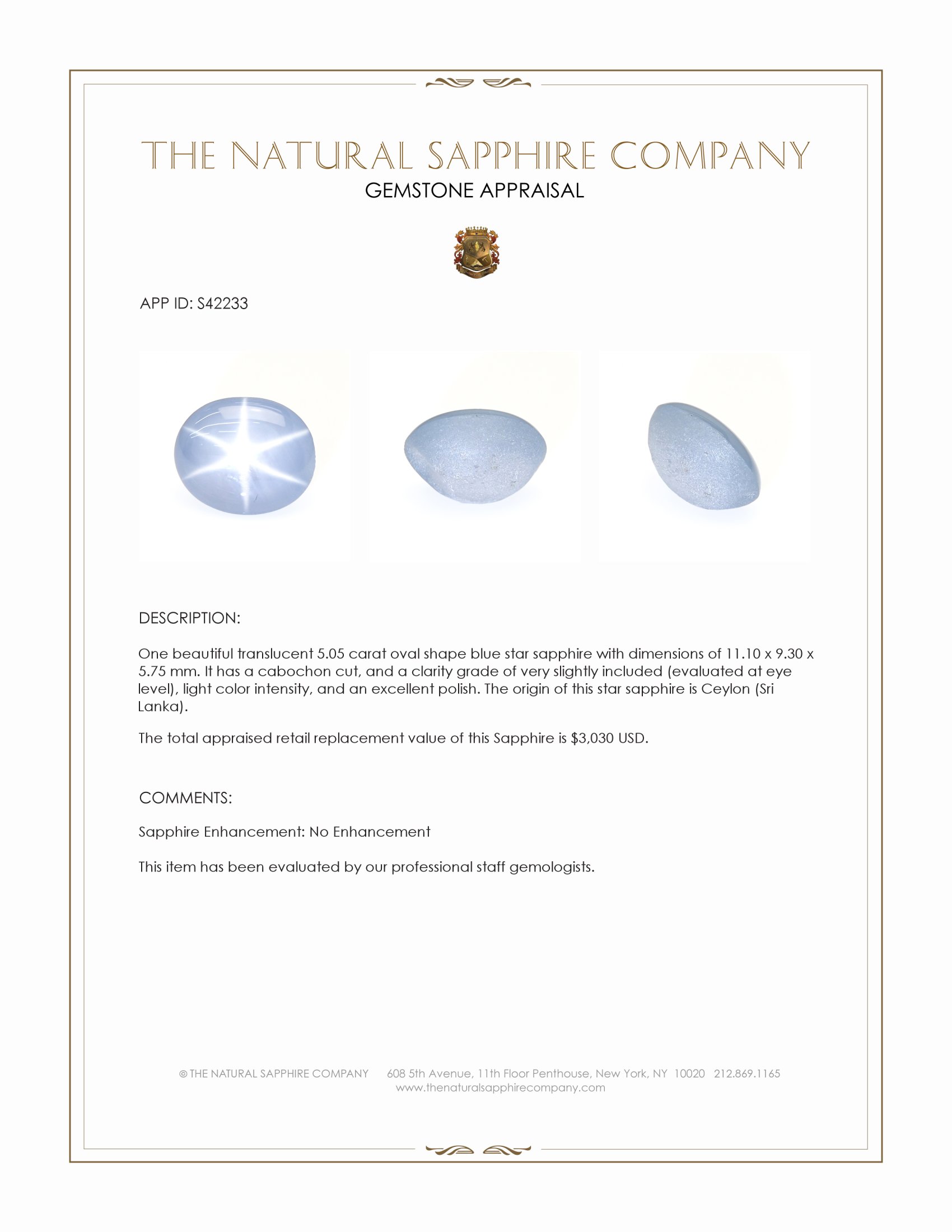5.05 Ct. Blue Star Sapphire from Ceylon (Sri Lanka)