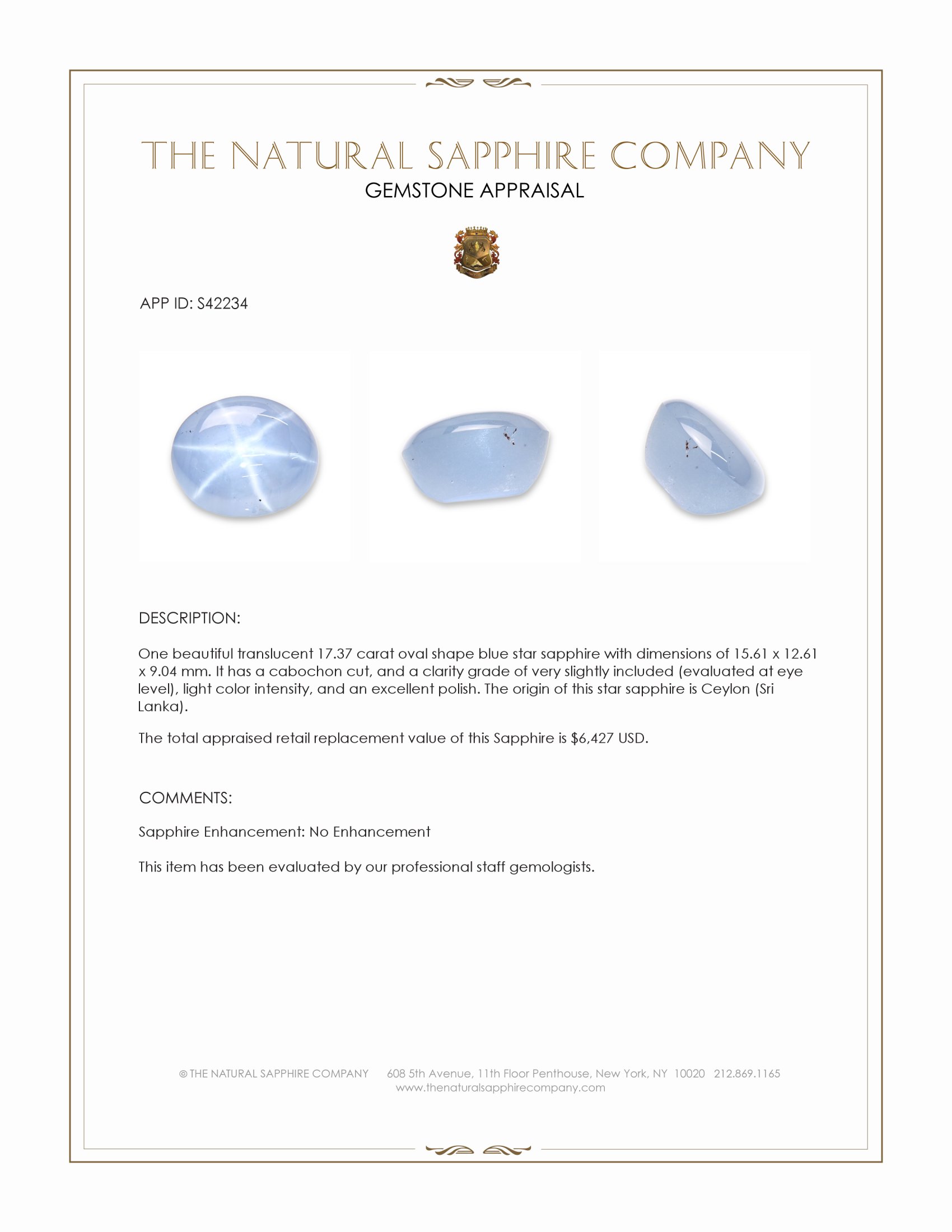 17.37 Ct. Blue Star Sapphire from Ceylon (Sri Lanka)