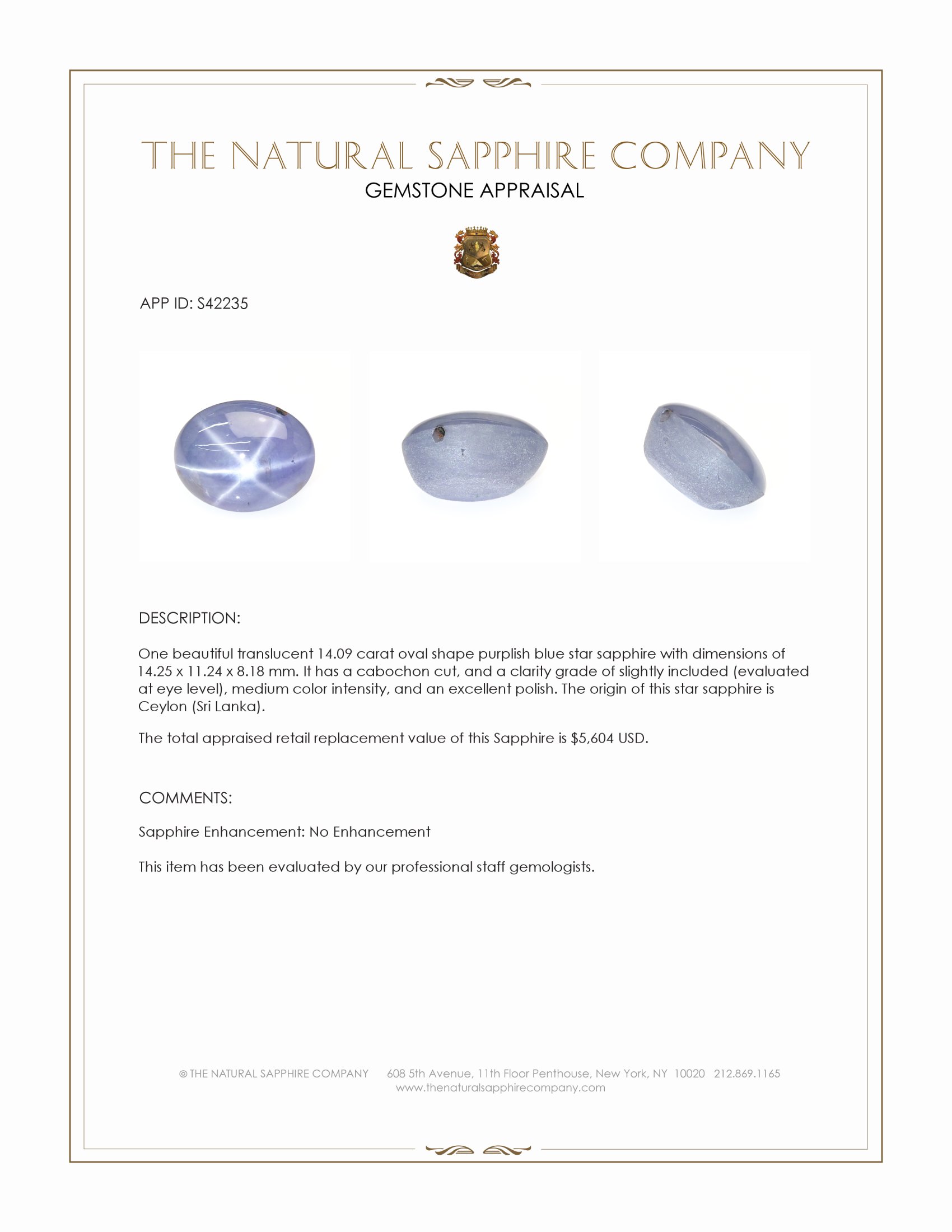 14.09 Ct. Purplish Blue Star Sapphire from Ceylon (Sri Lanka)