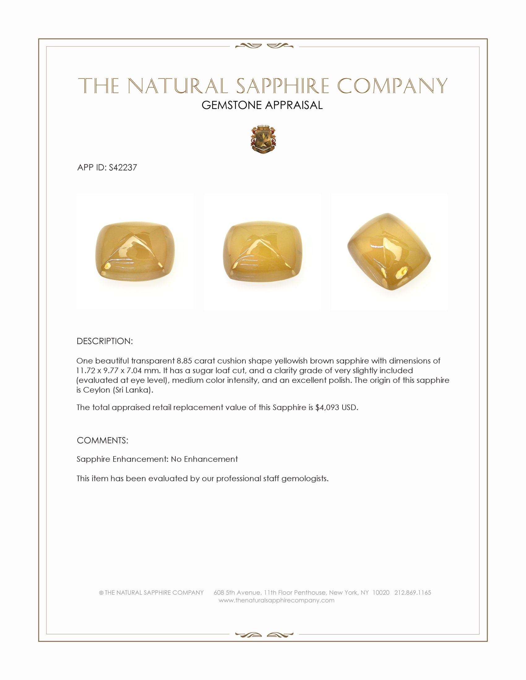 8.85 Ct. Yellowish Brown Cabochon Sapphire from Ceylon (Sri Lanka)