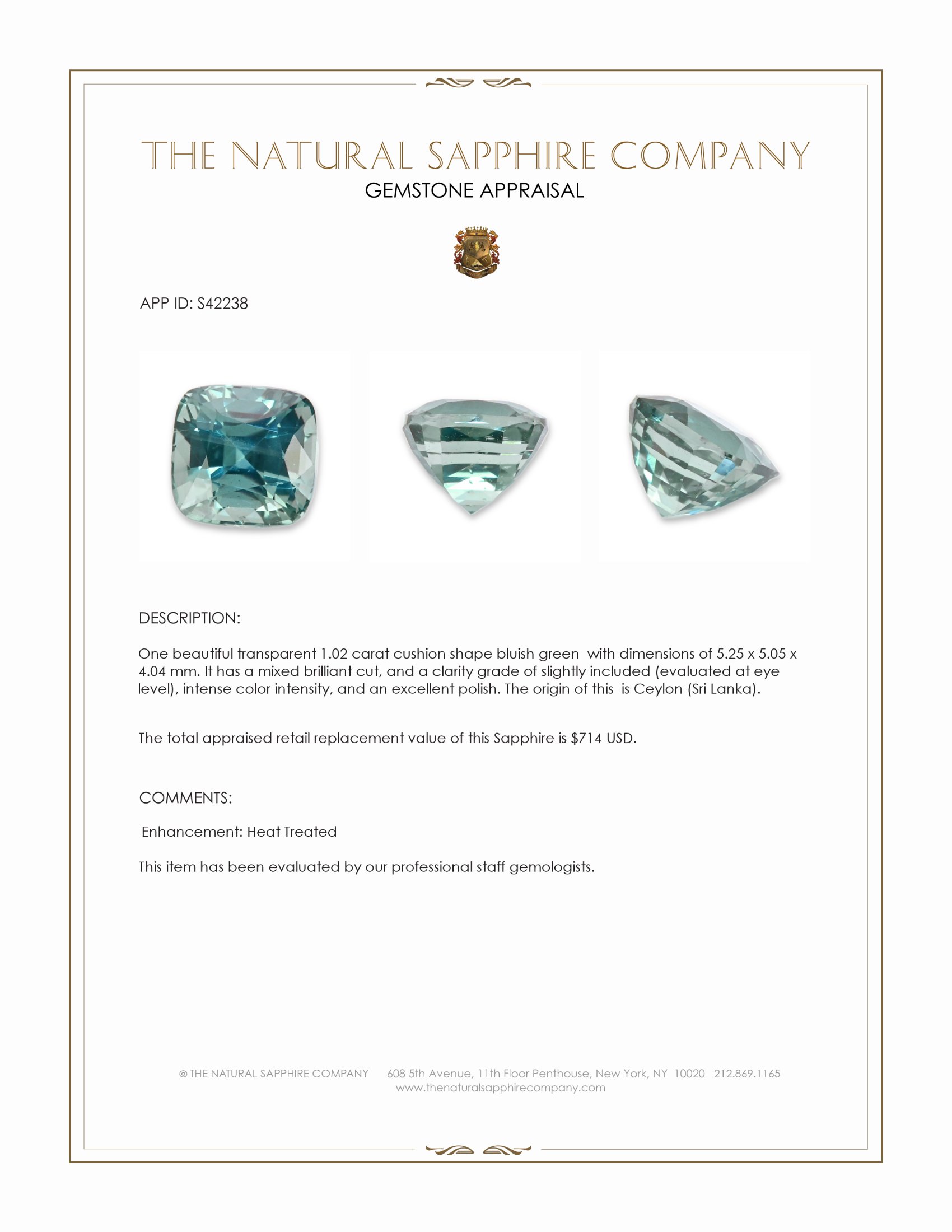 1.02 Ct. Bluish Green Sapphire from Ceylon (Sri Lanka)